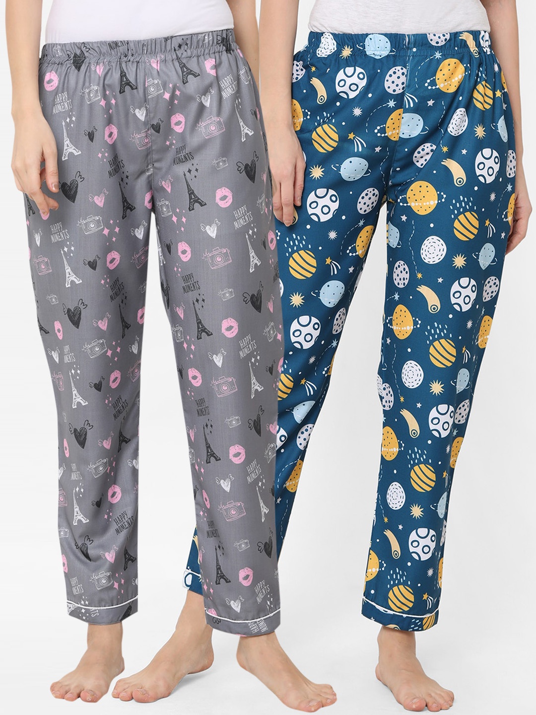 

FashionRack Women Pack Of 2 Navy Blue & Grey Printed Lounge Pants