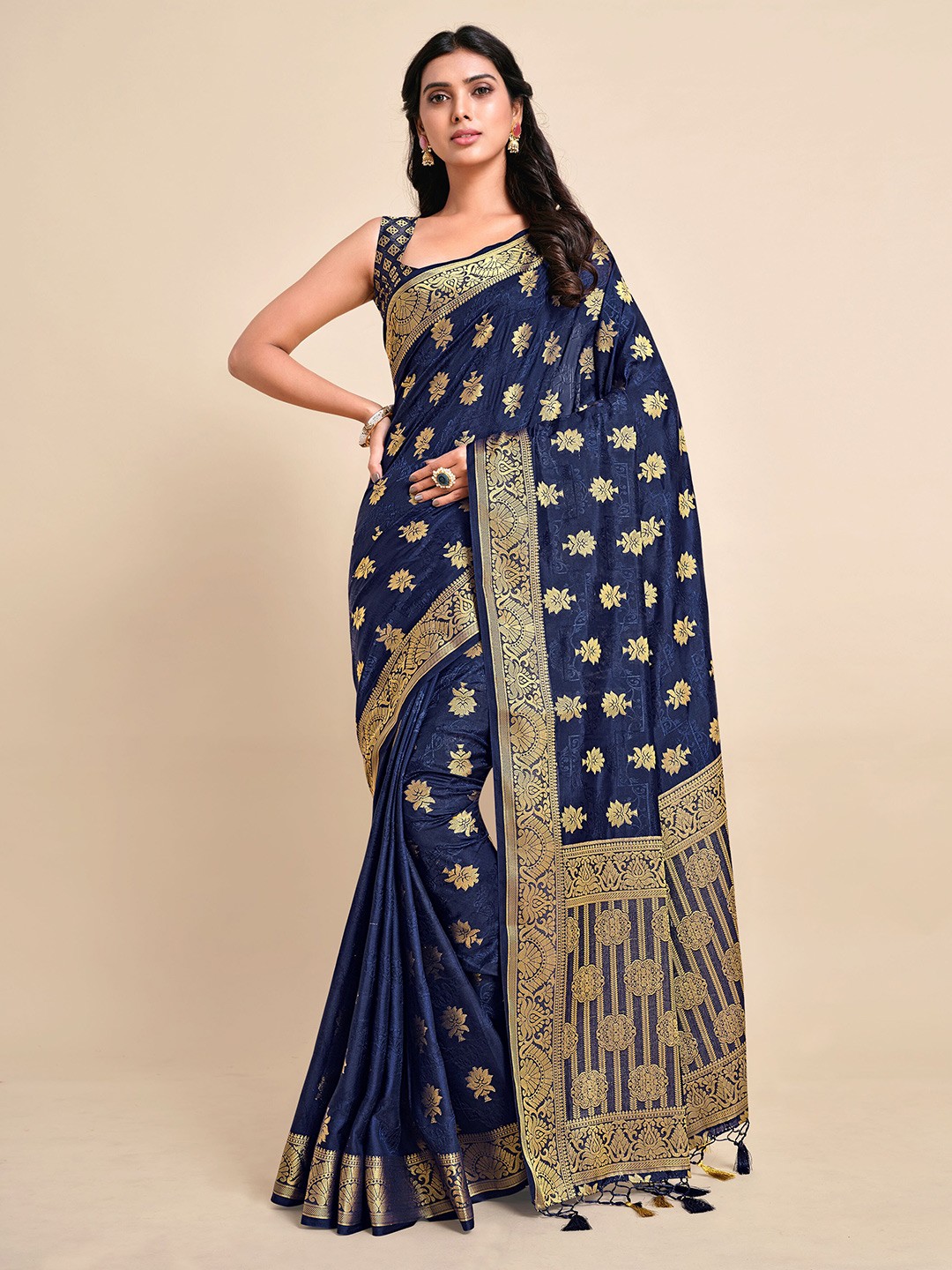 

MIMOSA Navy Blue Woven Design Kanjeevaram Saree