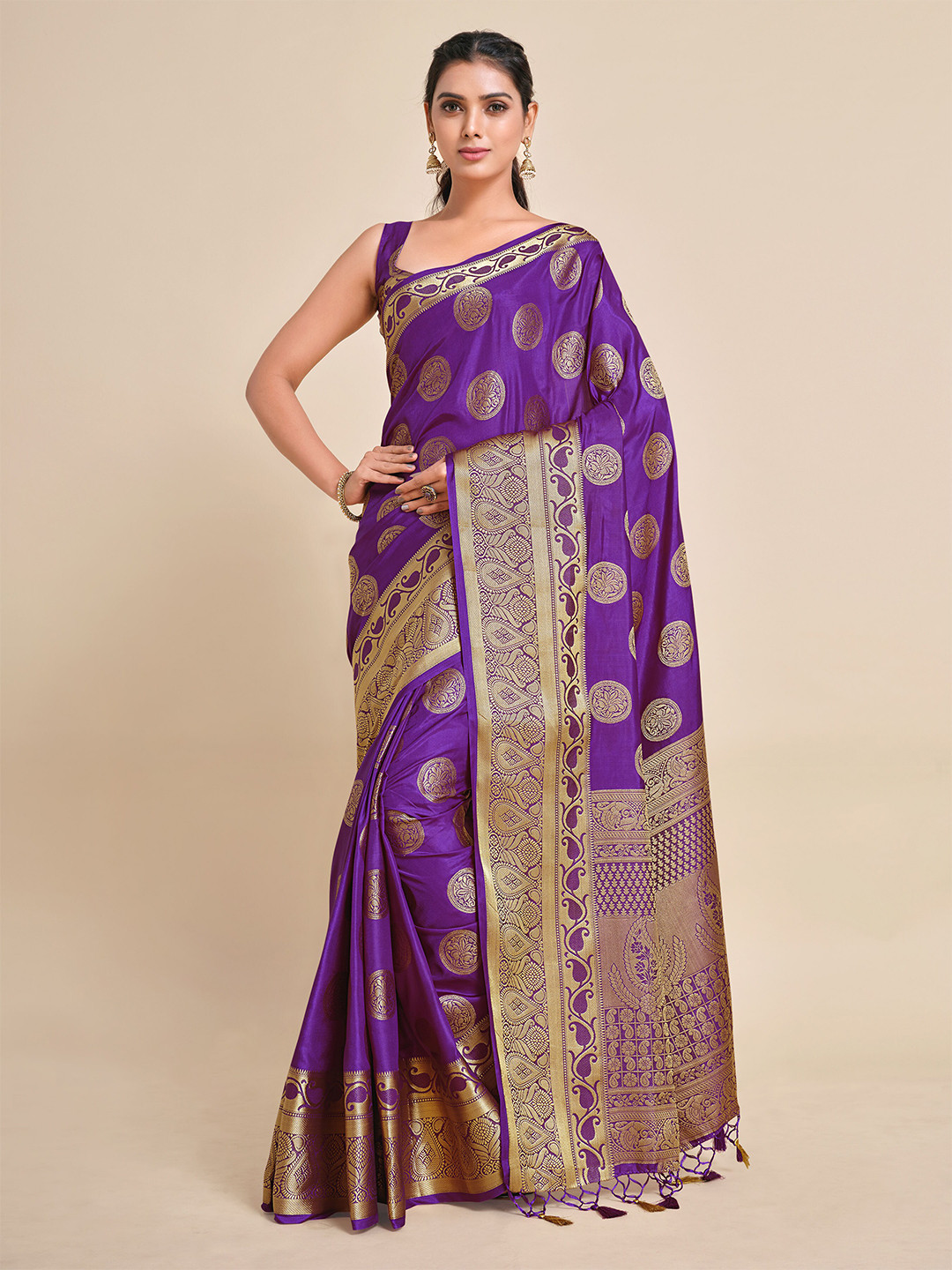 

MIMOSA Violet & Gold-Toned Ethnic Motifs Zari Art Silk Kanjeevaram Saree