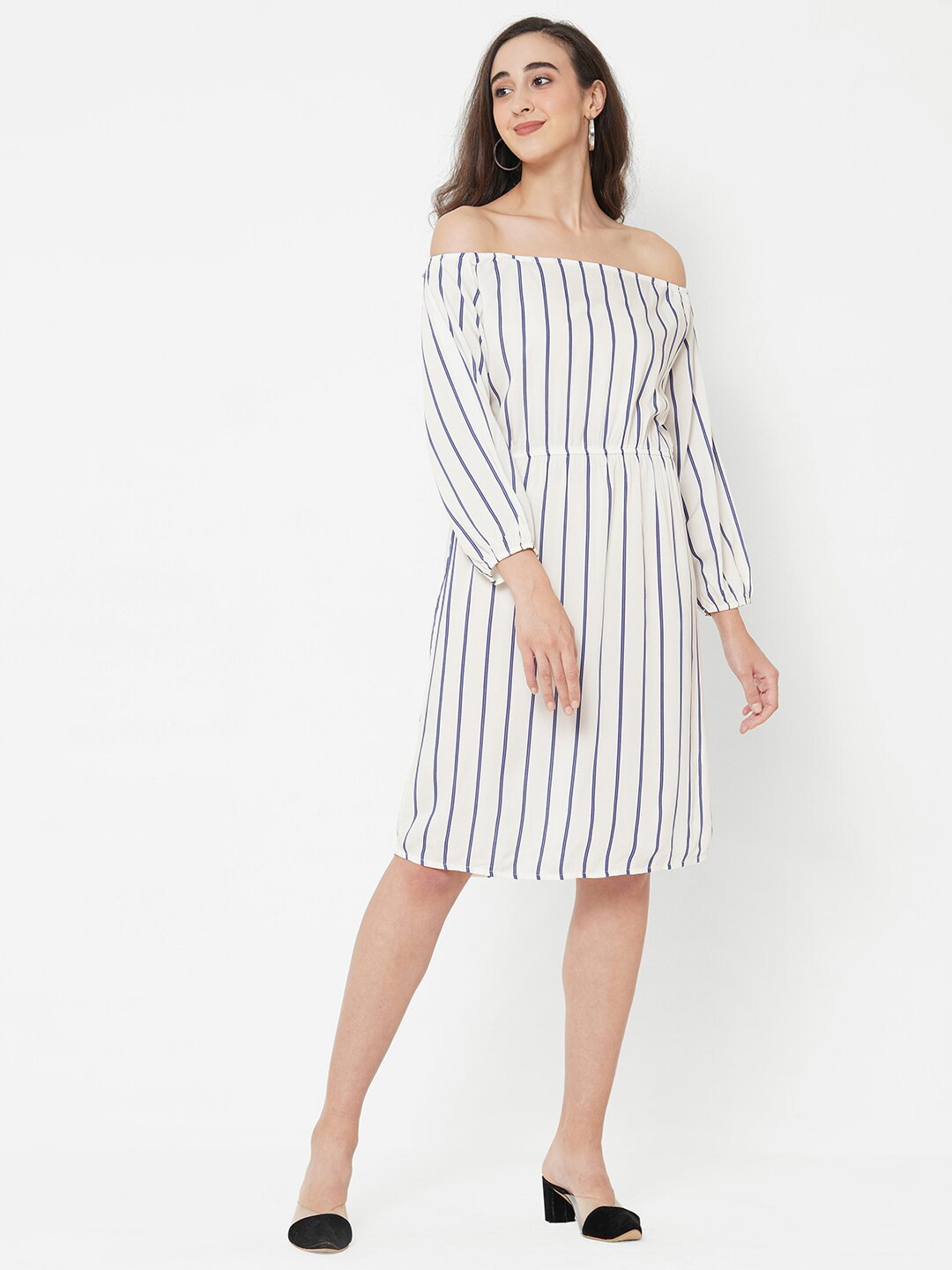 

PAPA BRANDS Women White Striped Off-Shoulder Dress