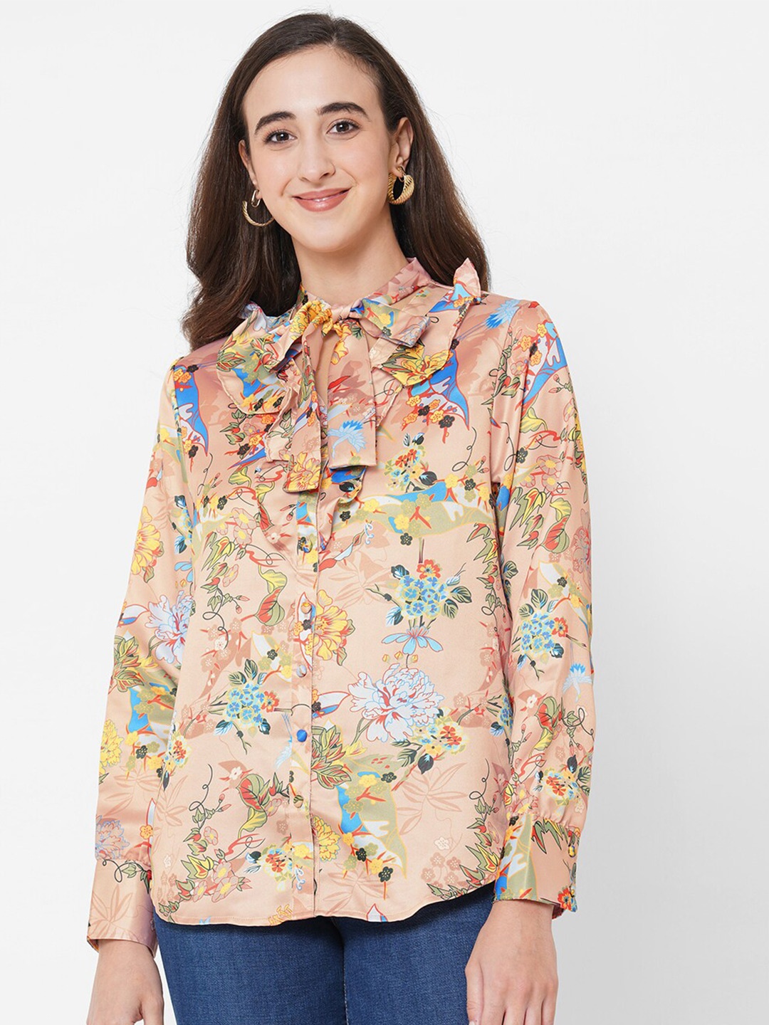 

PAPA BRANDS Women Peach-Coloured Floral Printed Casual Shirt