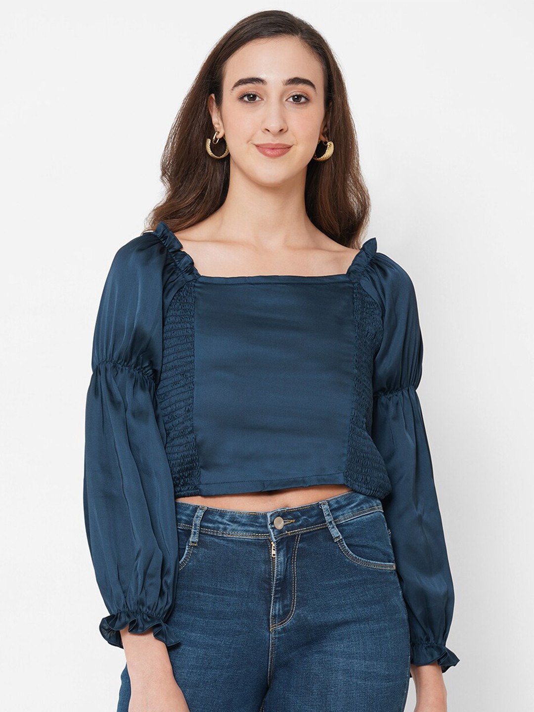 

PAPA BRANDS Navy Blue Solid Smocked Crop Top