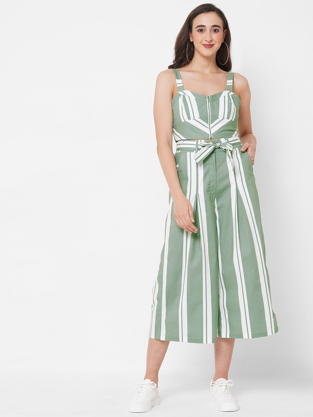 

PAPA BRANDS Women Green & White Striped Pure Cotton Two Piece Jumpsuit