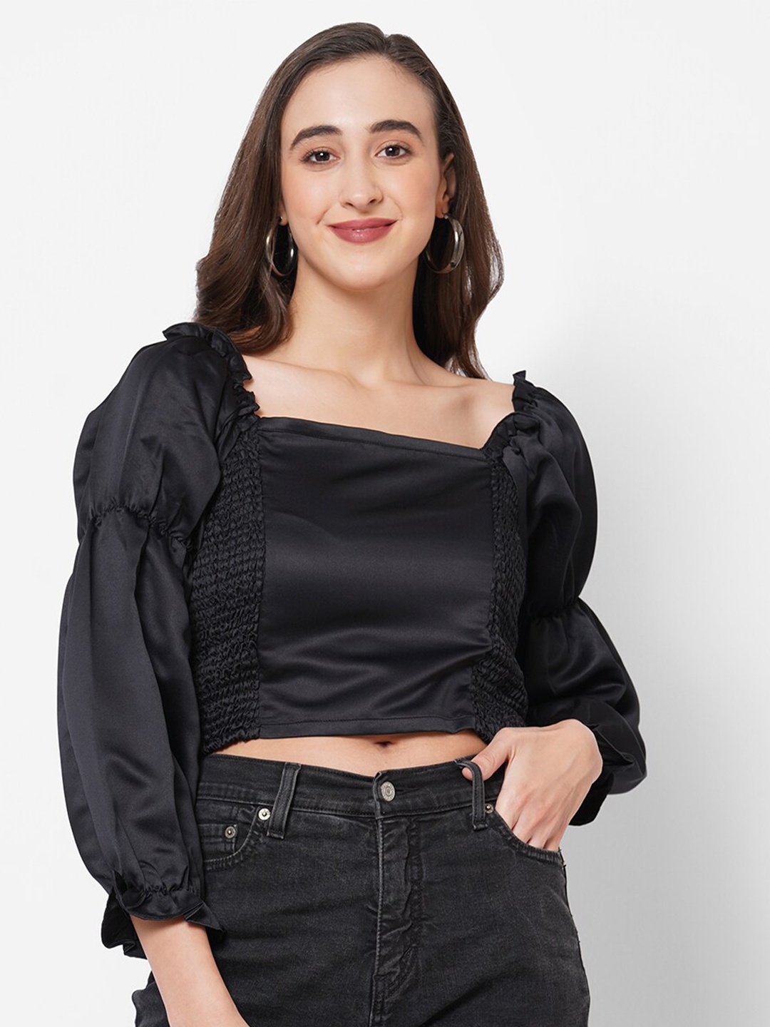 

PAPA BRANDS Black Smocked Crop Top