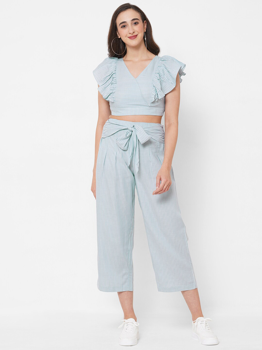 

PAPA BRANDS Women Blue & White Striped Ruffle Top with Trousers