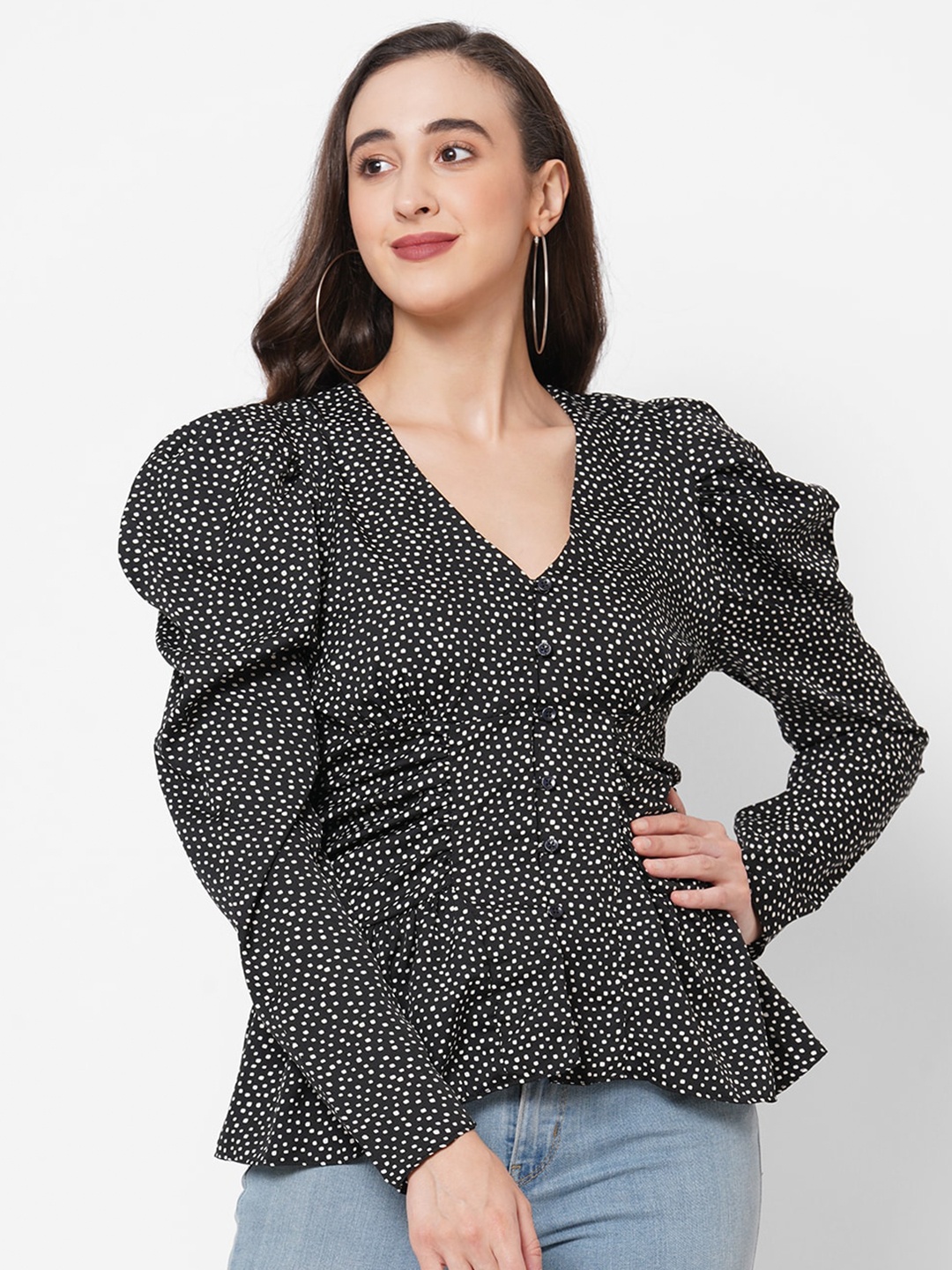 

PAPA BRANDS Black Geometric Print Cinched Waist Top