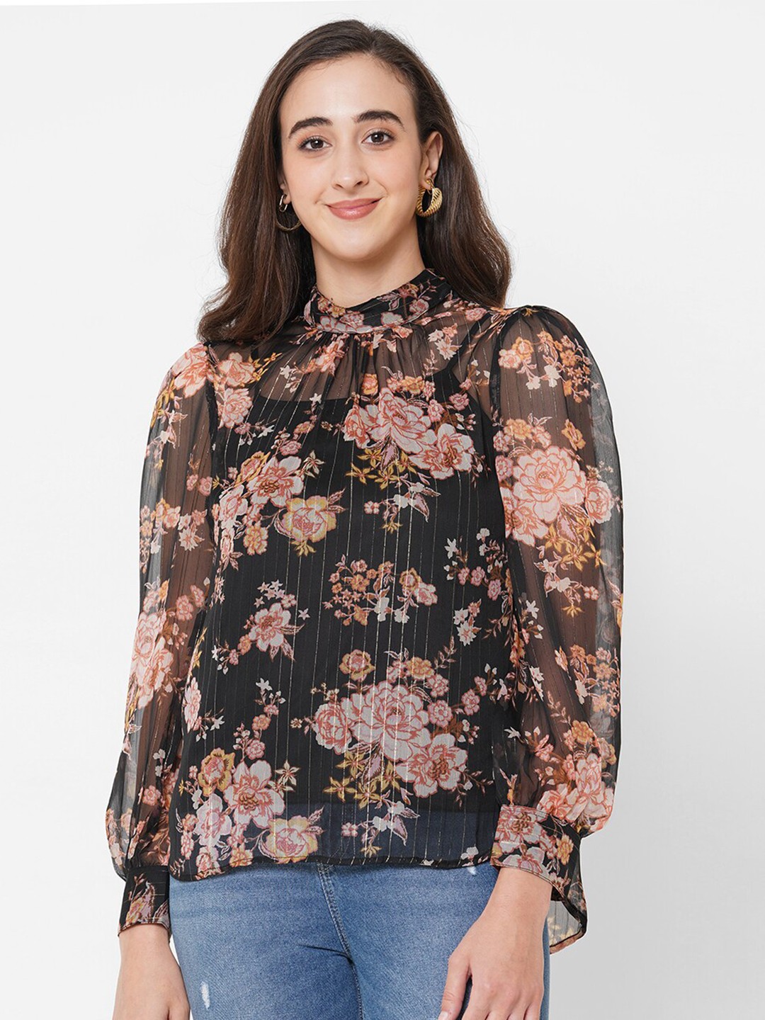 

PAPA BRANDS Black Floral Print Semi Sheer Top