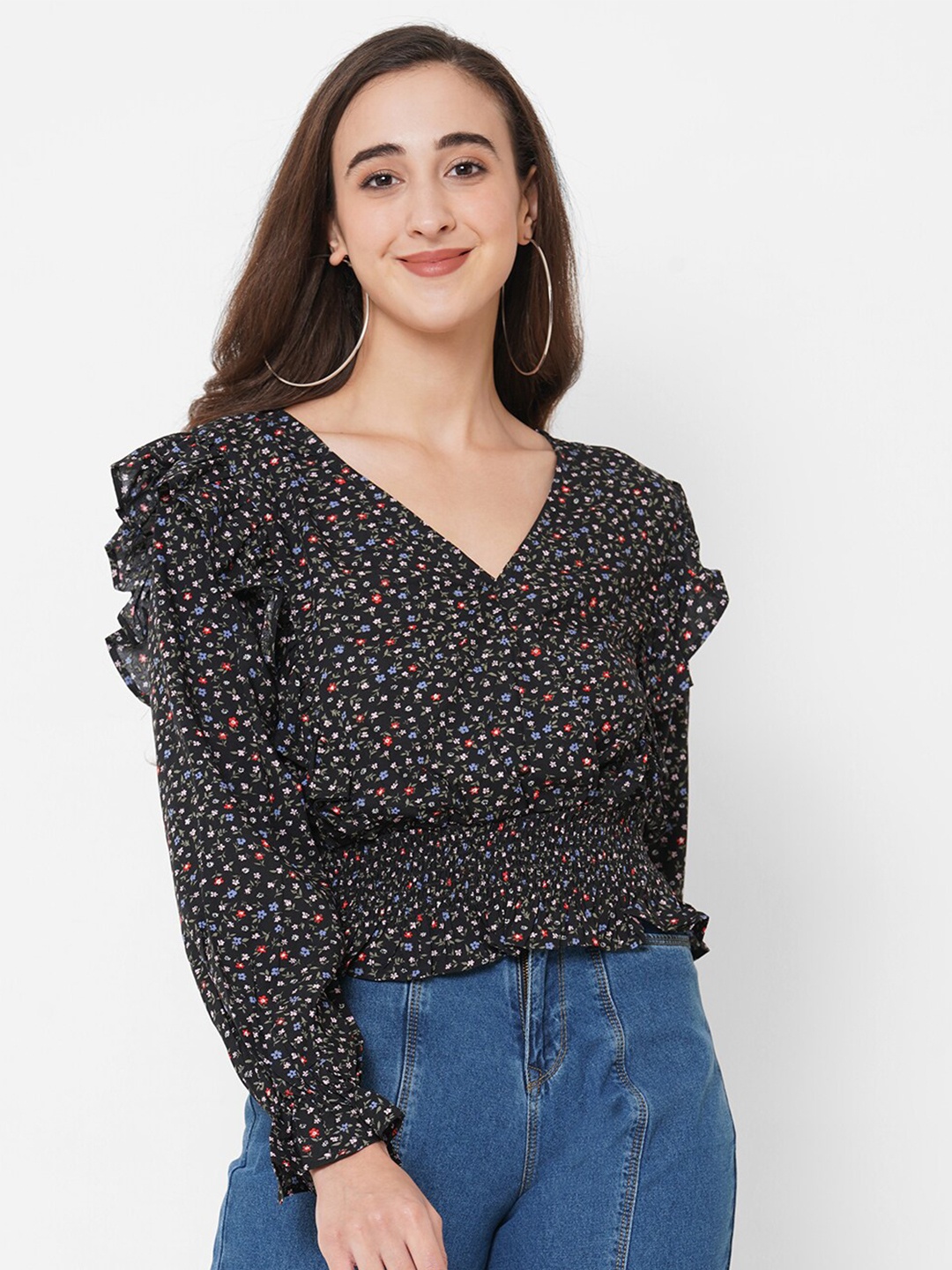 

PAPA BRANDS Black Floral Ruffled Wrap Top