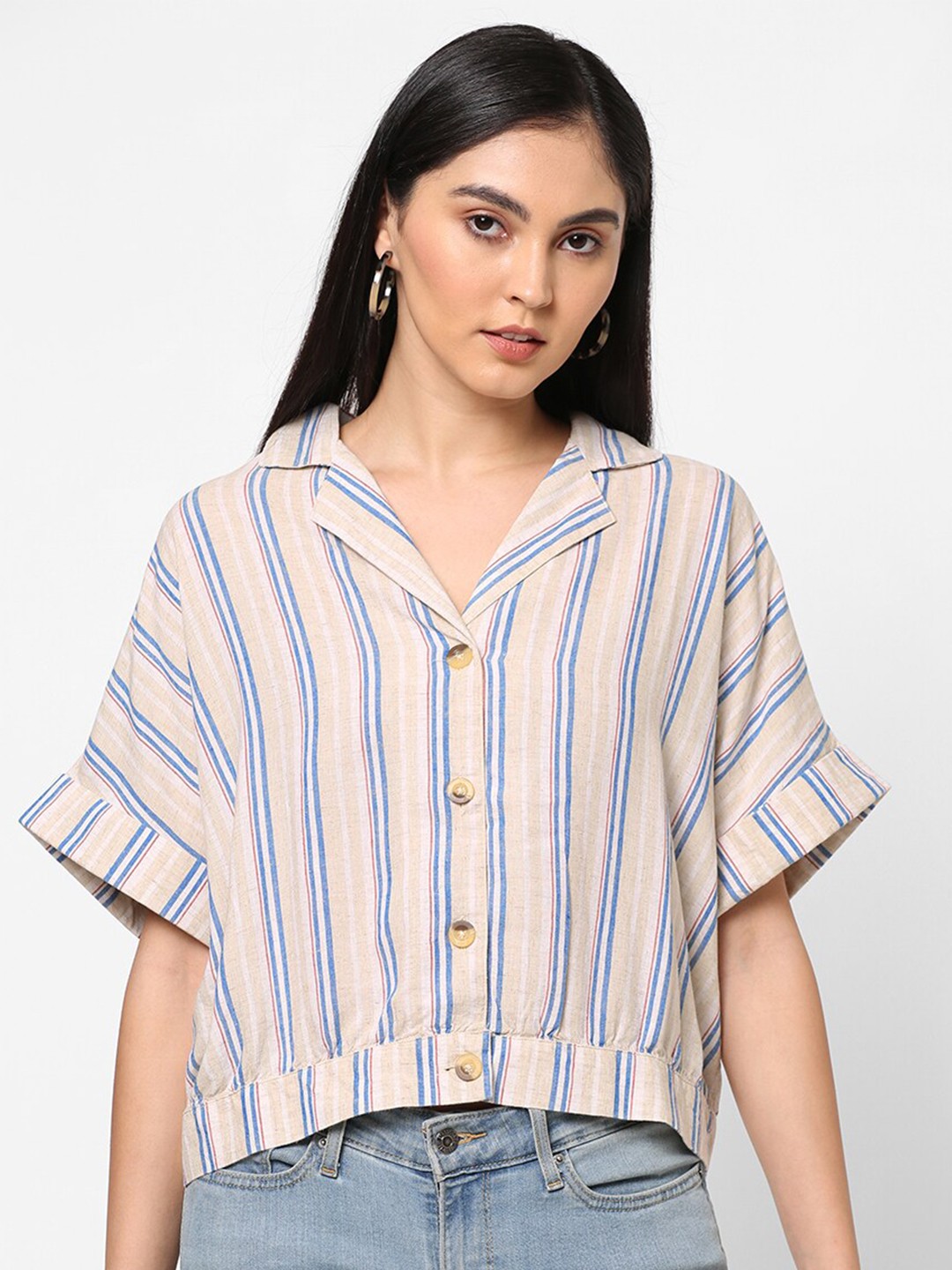

PAPA BRANDS Beige Striped Extended Sleeves Linen Shirt Style Top
