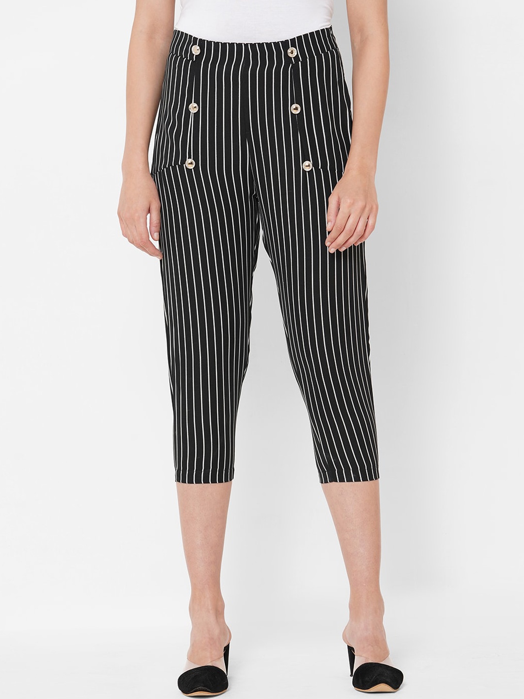 

PAPA BRANDS Women Black Striped Slim Fit High-Rise Pleated Trousers