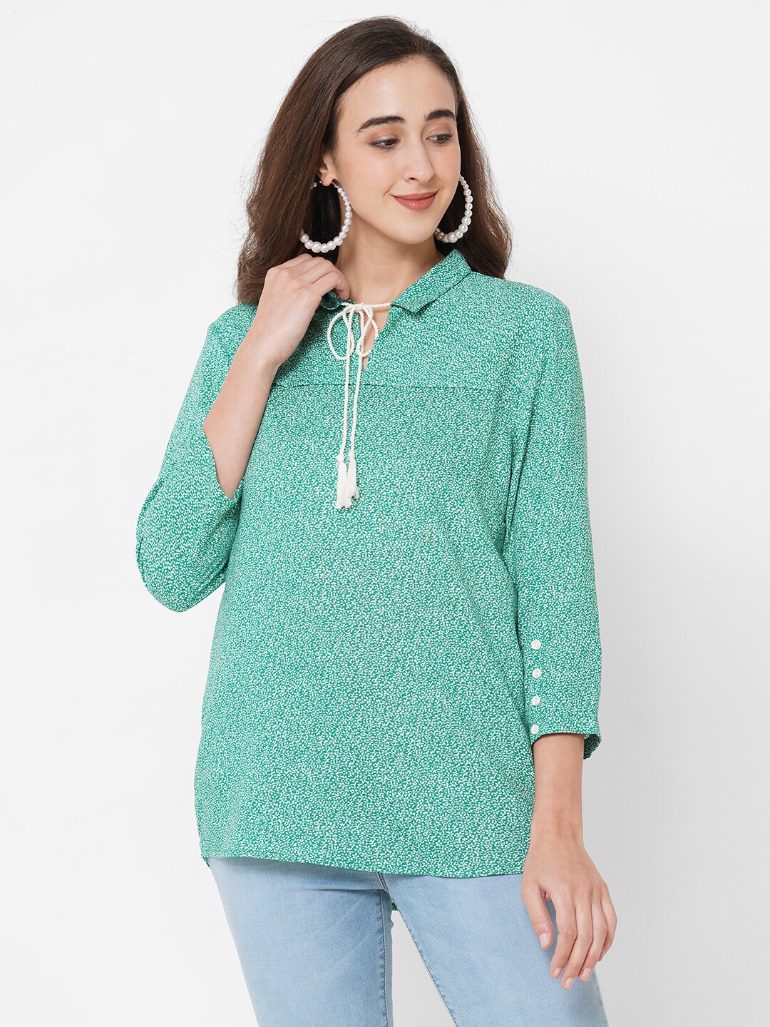 

PAPA BRANDS Green Print Tie-Up Neck Top