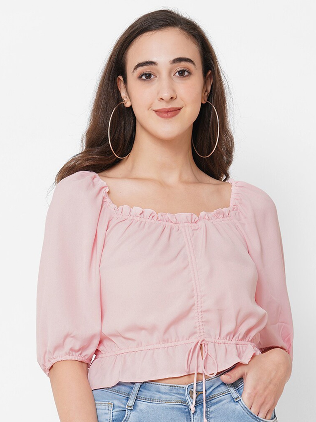 

PAPA BRANDS Pink Smocked Cinched Waist Crop Top