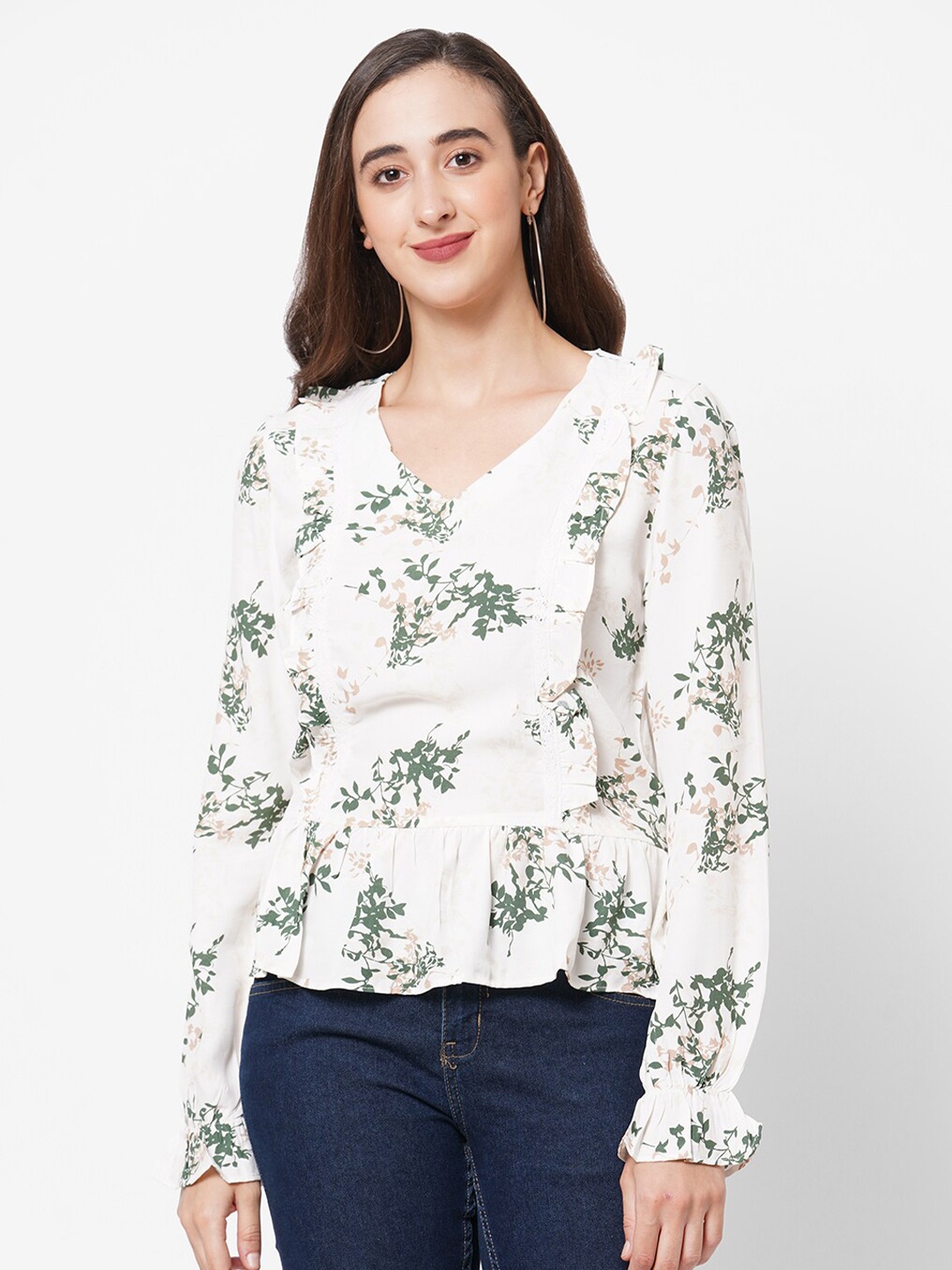 

PAPA BRANDS White & Green Floral Print Peplum Top