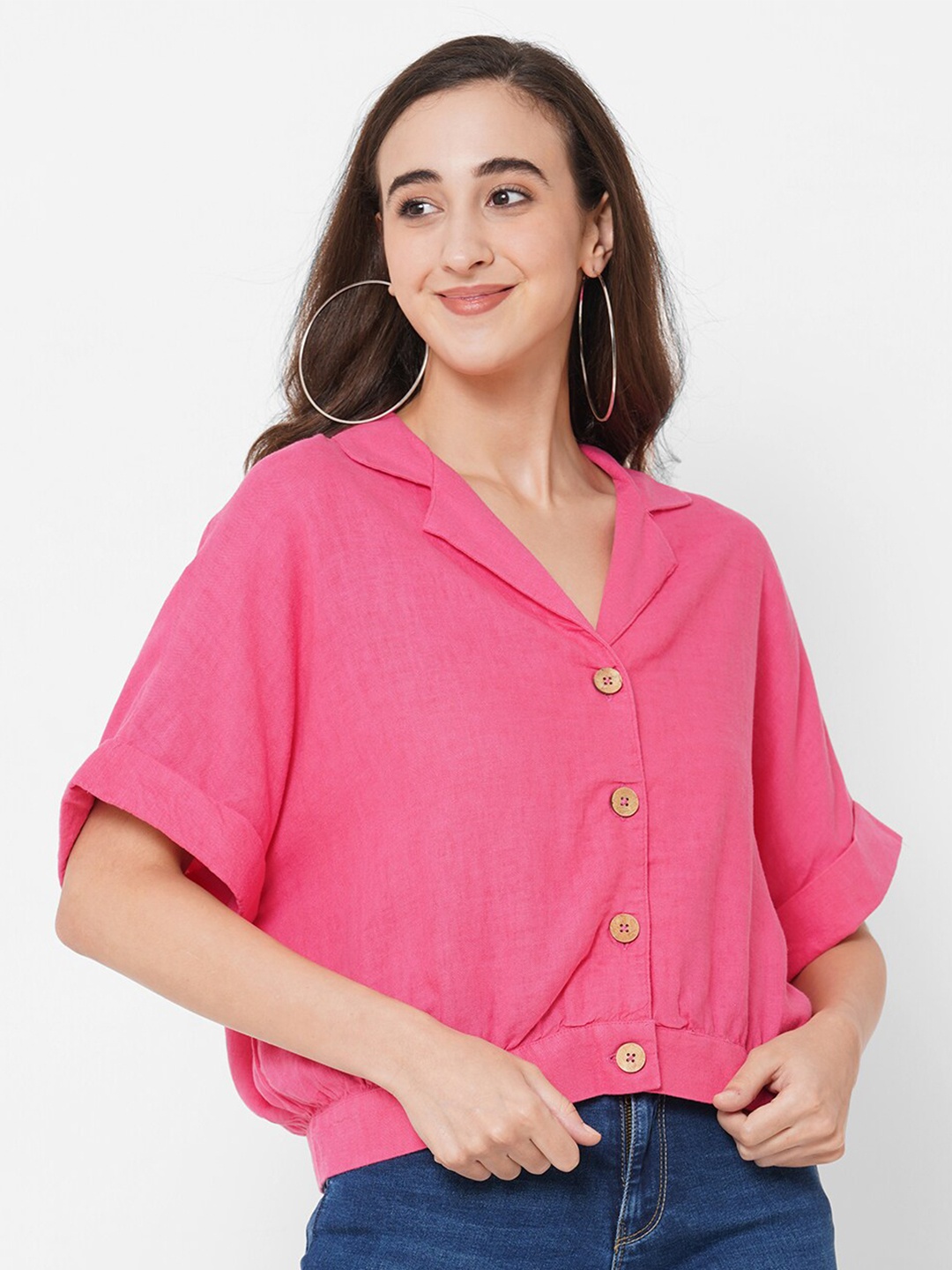 

PAPA BRANDS Pink Extended Sleeves Linen Shirt Style Top