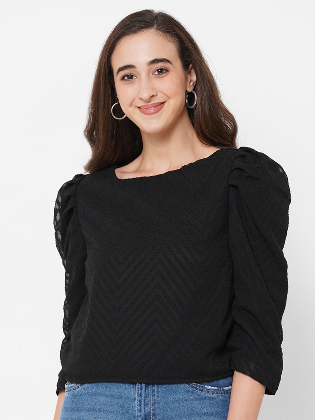 

PAPA BRANDS Black Self Design Puff Sleeved Jacquard Top
