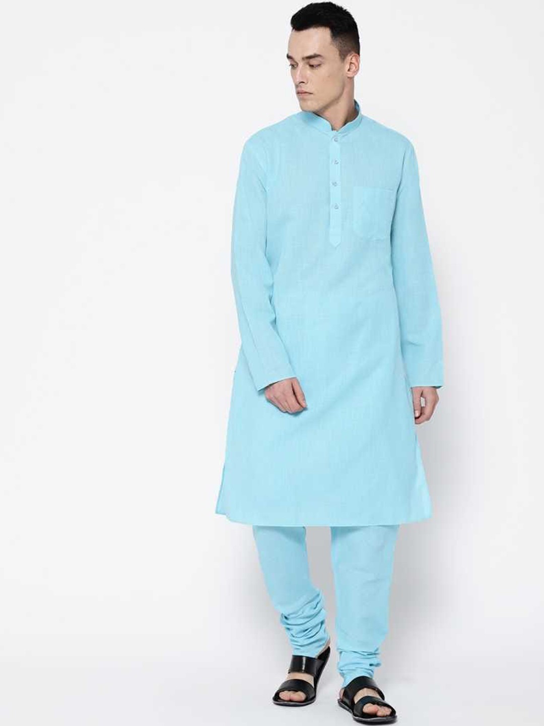 

SG LEMAN Men Turquoise Blue Solid Pure Cotton Kurta With Churidar