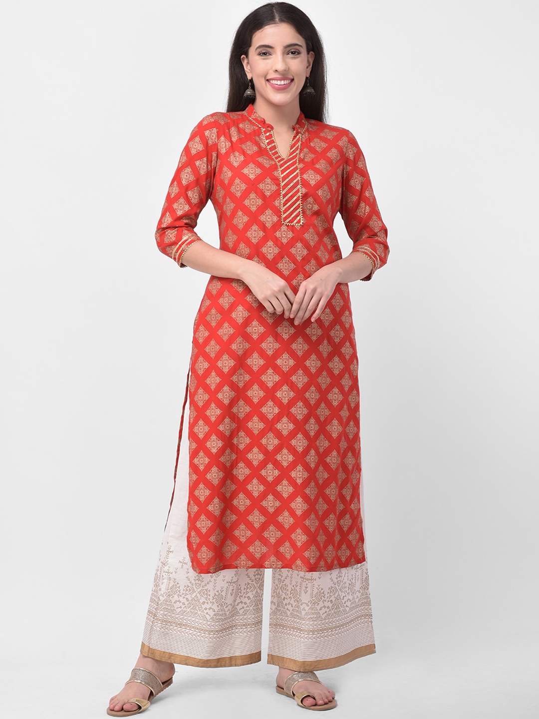 

Pistaa Women Red Ethnic Motifs Printed Gotta Patti Kurta with Palazzos