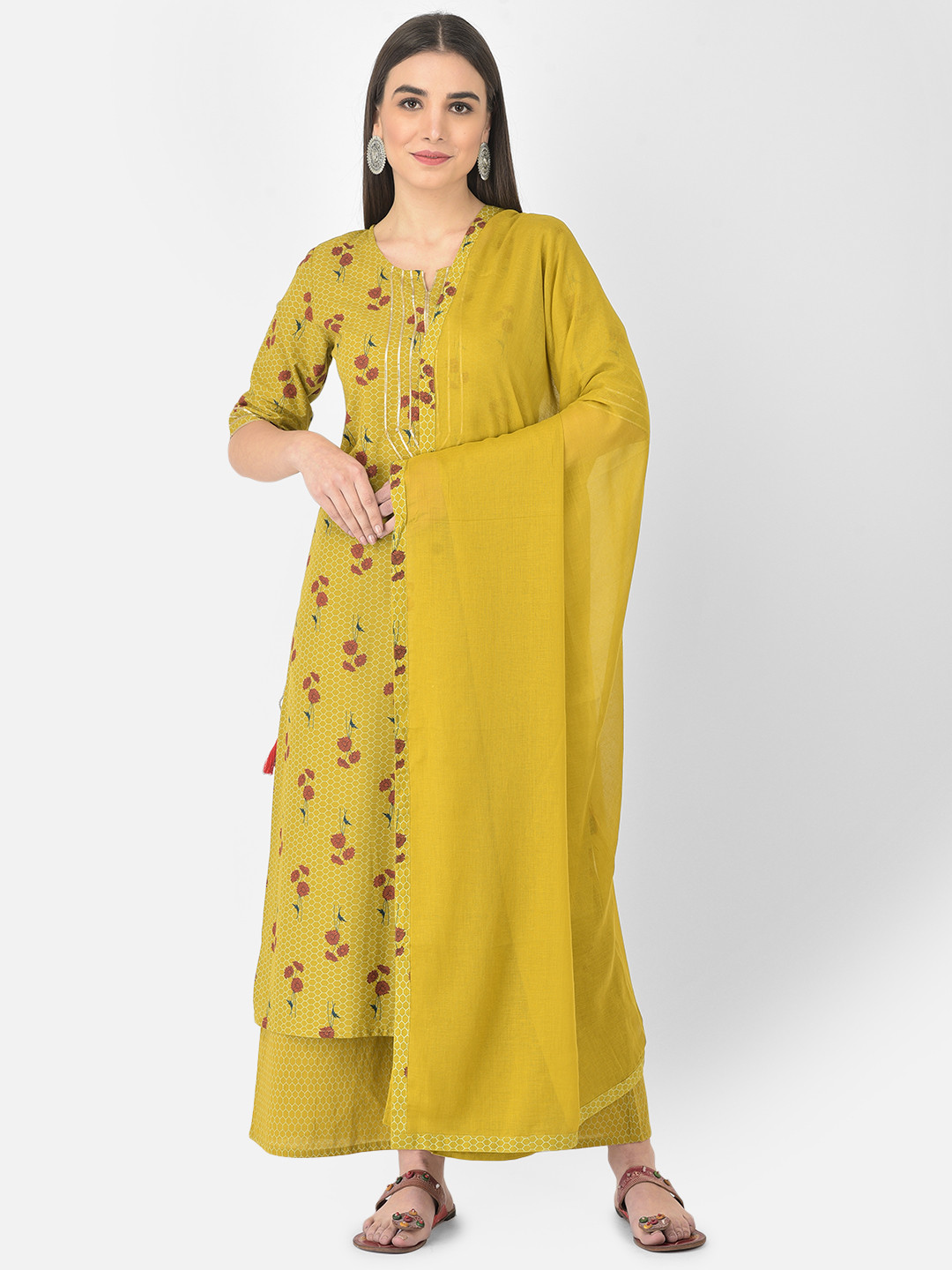 

Pistaa Women Yellow Floral Embroidered Panelled Gotta Patti Pure Cotton Kurti with Palazzos & With Dupatta