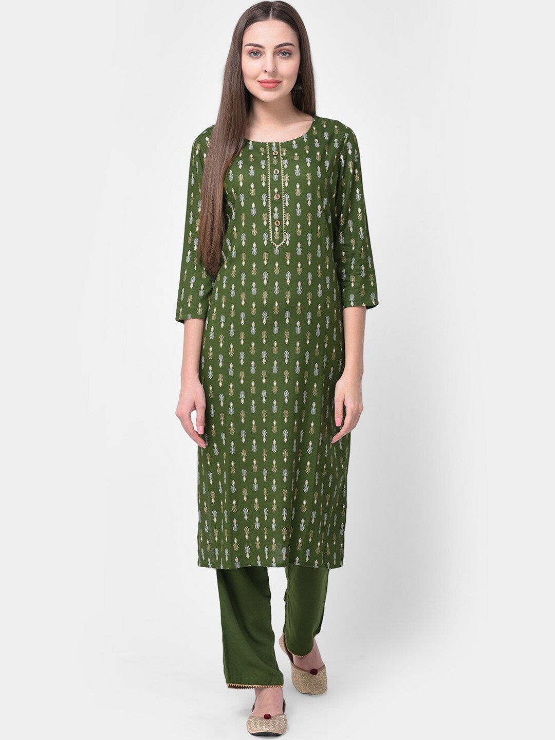 

Pistaa Women Green Ethnic Motifs Printed Gotta Patti Kurta with Trousers