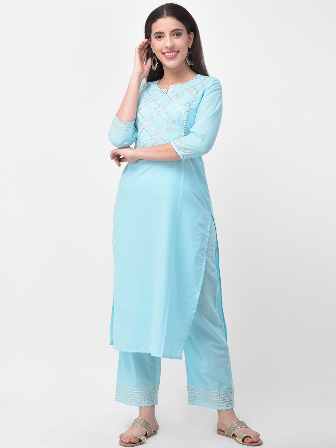 

Pistaa Women Blue Gotta Patti Pure Cotton Kurta with Trousers