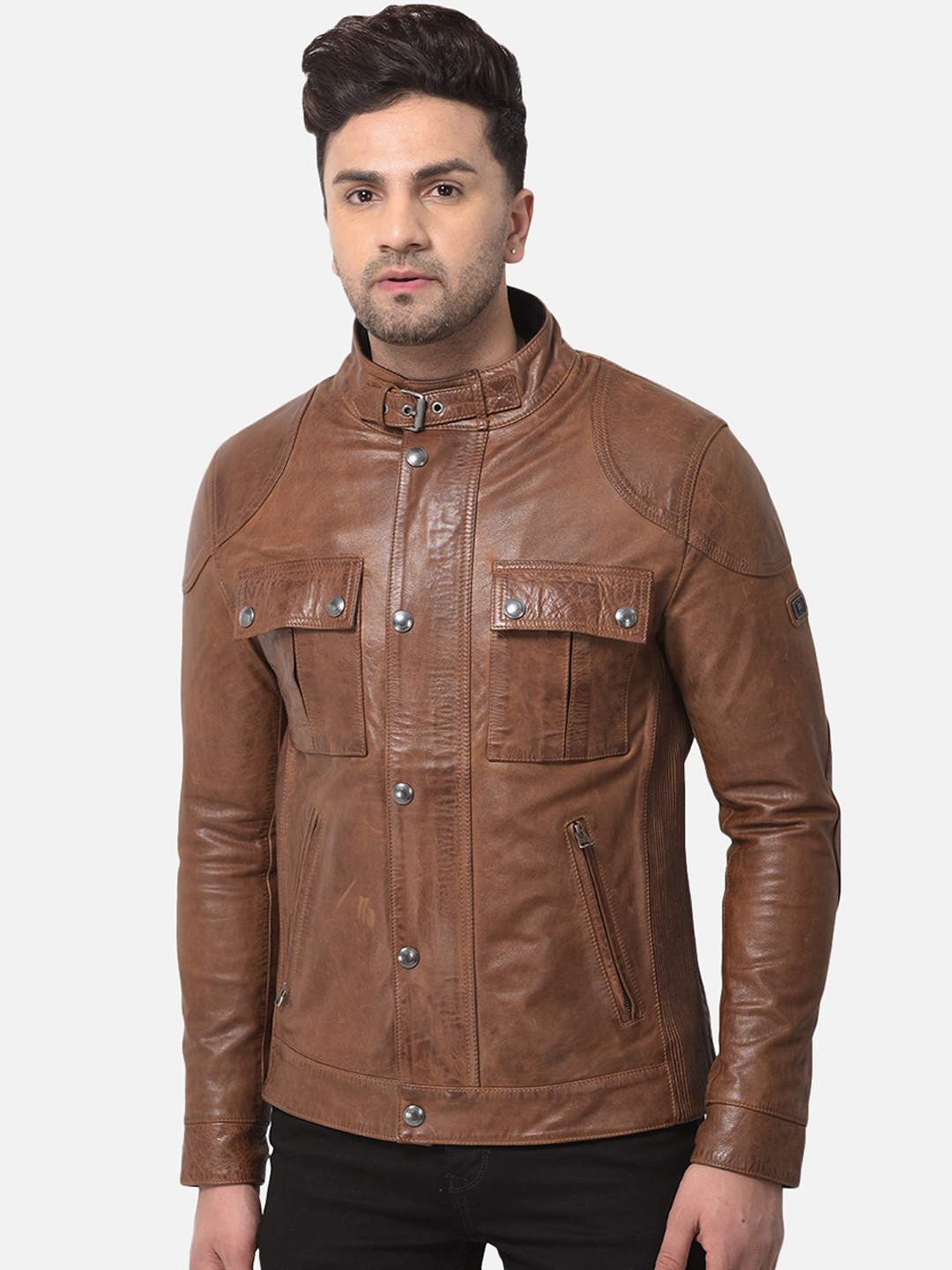 

Woods Men Brown Leather Water Resistant Biker Jacket