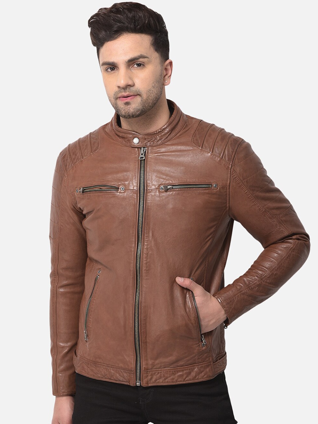 

Woods Men Brown Solid Water Resistant Leather Jacket