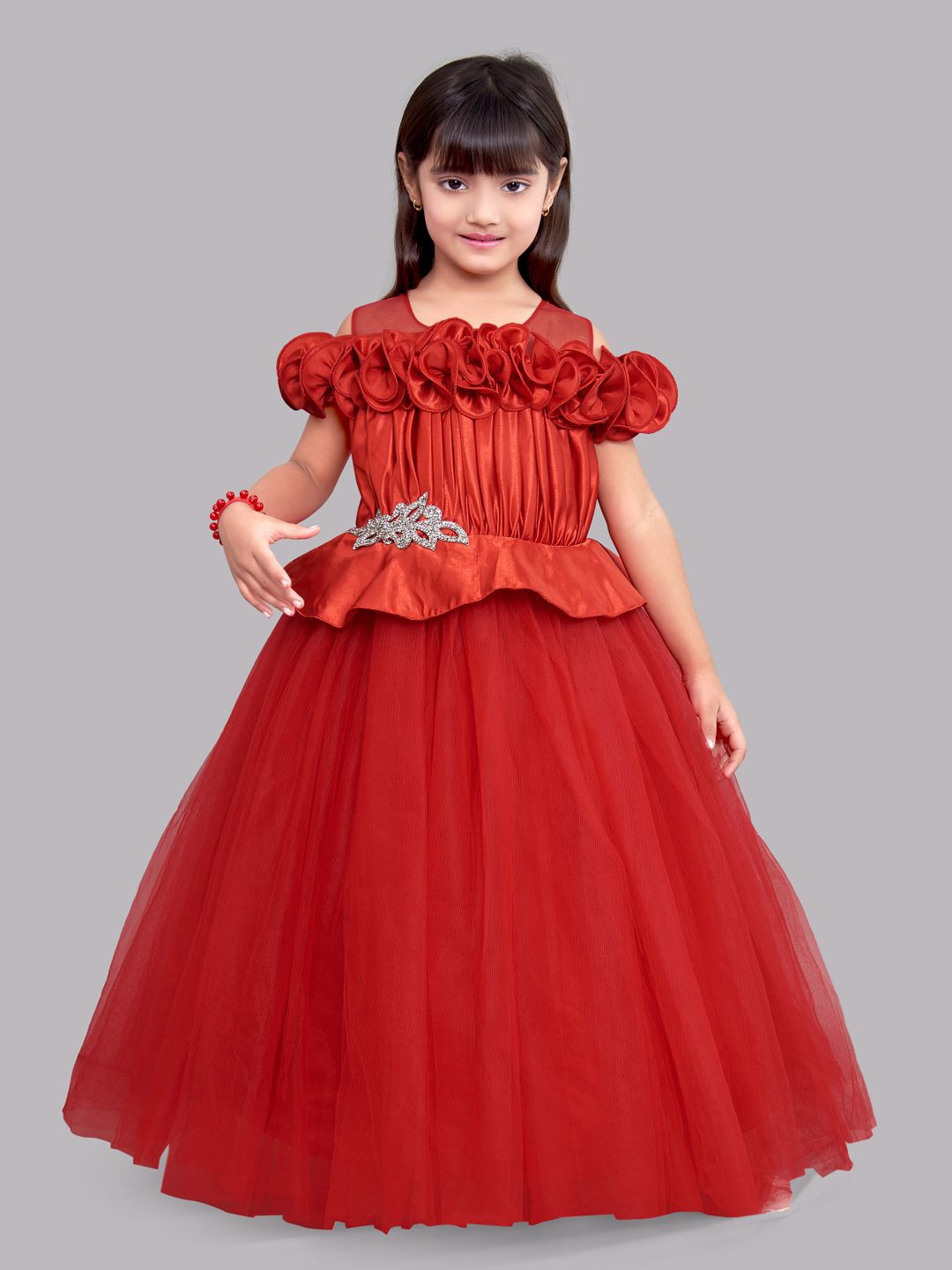 

Pink Chick Red Solid Satin Ruched Gown with Embellishments