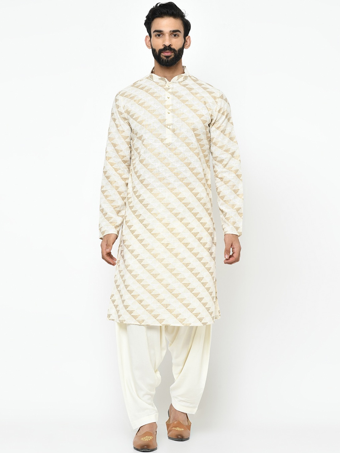 

KISAH Men Geometric Printed Regular Fit Kurta, Cream