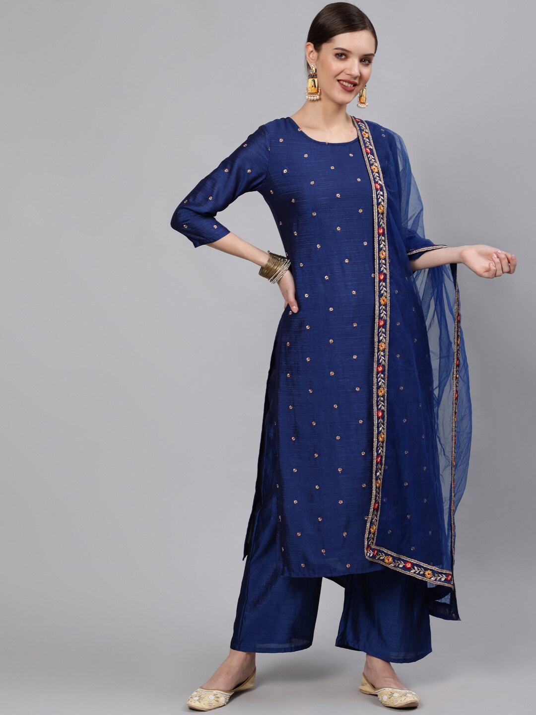

Nayo Women Blue & Gold-Toned Floral Embroidered Kurta with Palazzos & With Dupatta