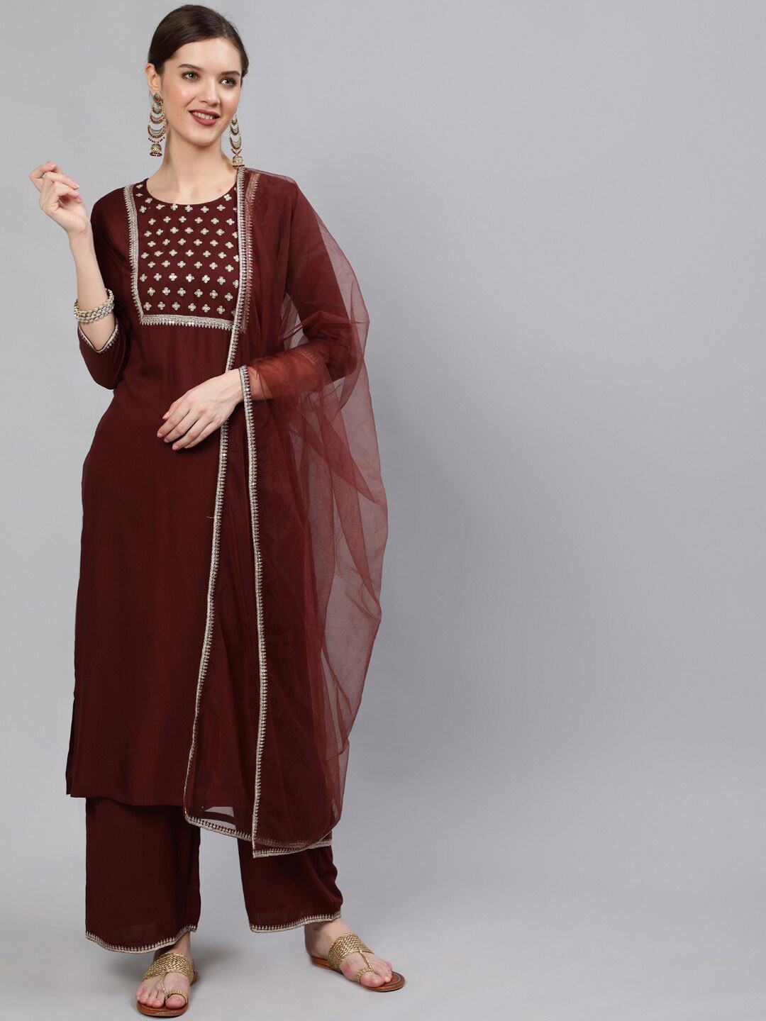 

Nayo Women Brown Sequinned Kurta with Palazzos & With Dupatta