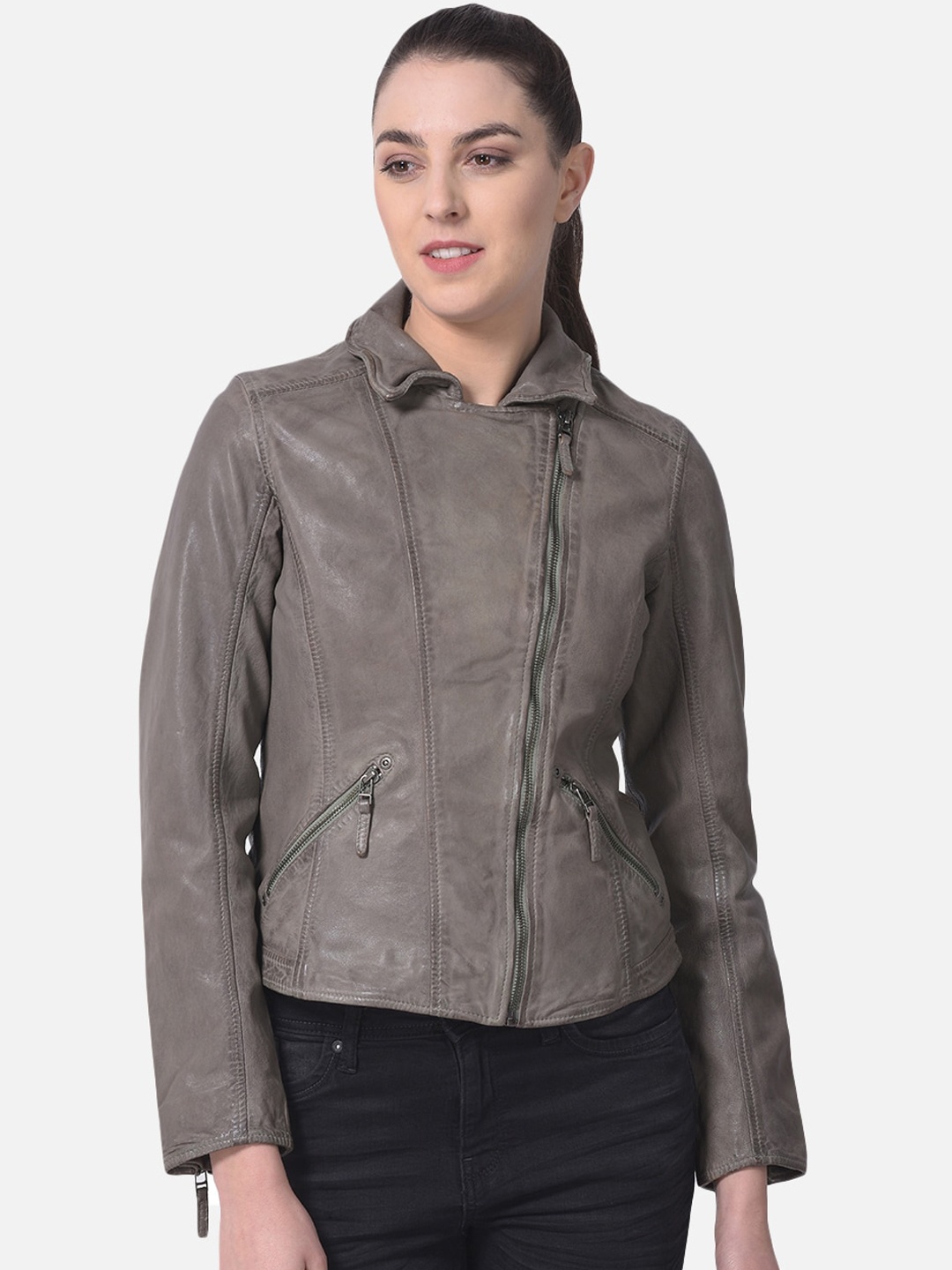 

Woods Women Green Leather Water Resistant Crop Bomber with Embroidered Jacket