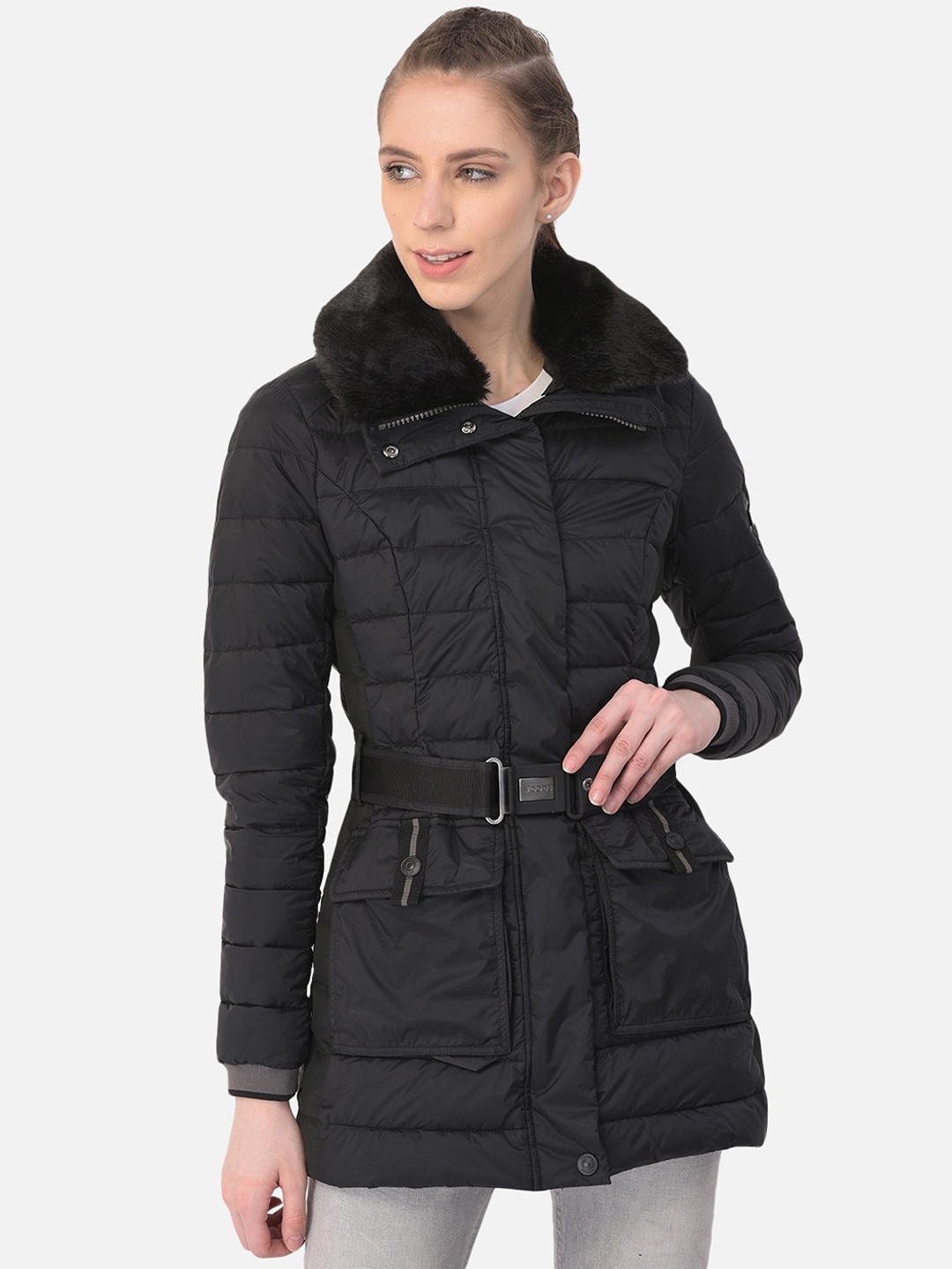 

Woods Women Black Solid Water Resistant Longline Bomber Jacket