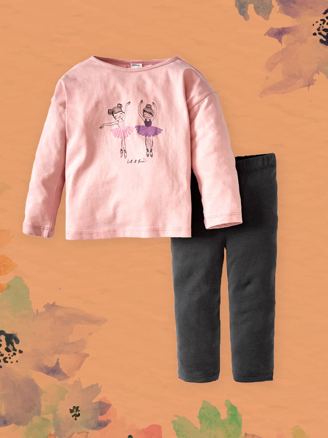 

DeFacto Girls Pink & Charcoal Grey Printed Pure Cotton T-shirt with Leggings