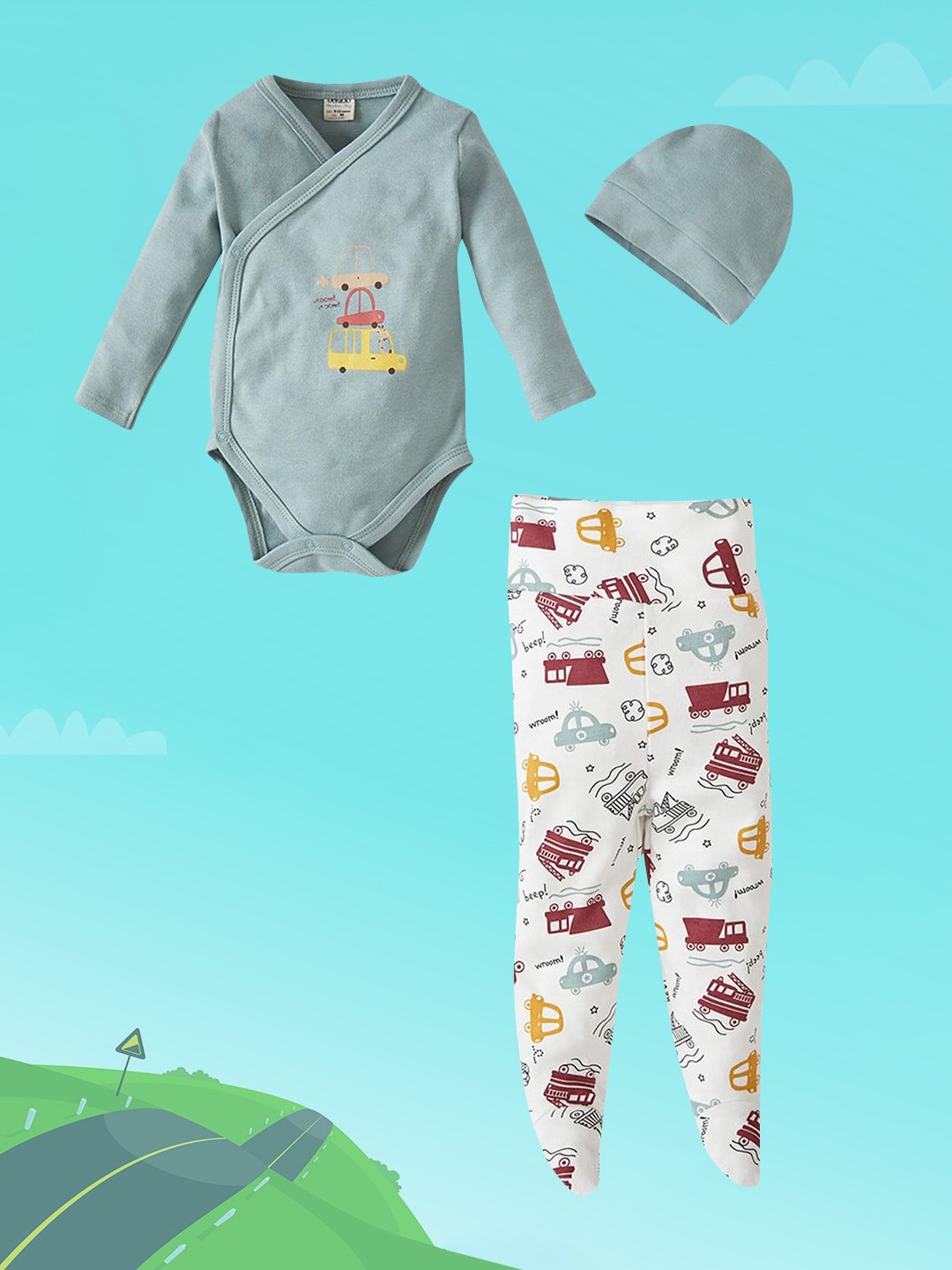 

DeFacto Infant Boys Blue & White Cotton Printed Bodysuit with Pyjamas & Beanie