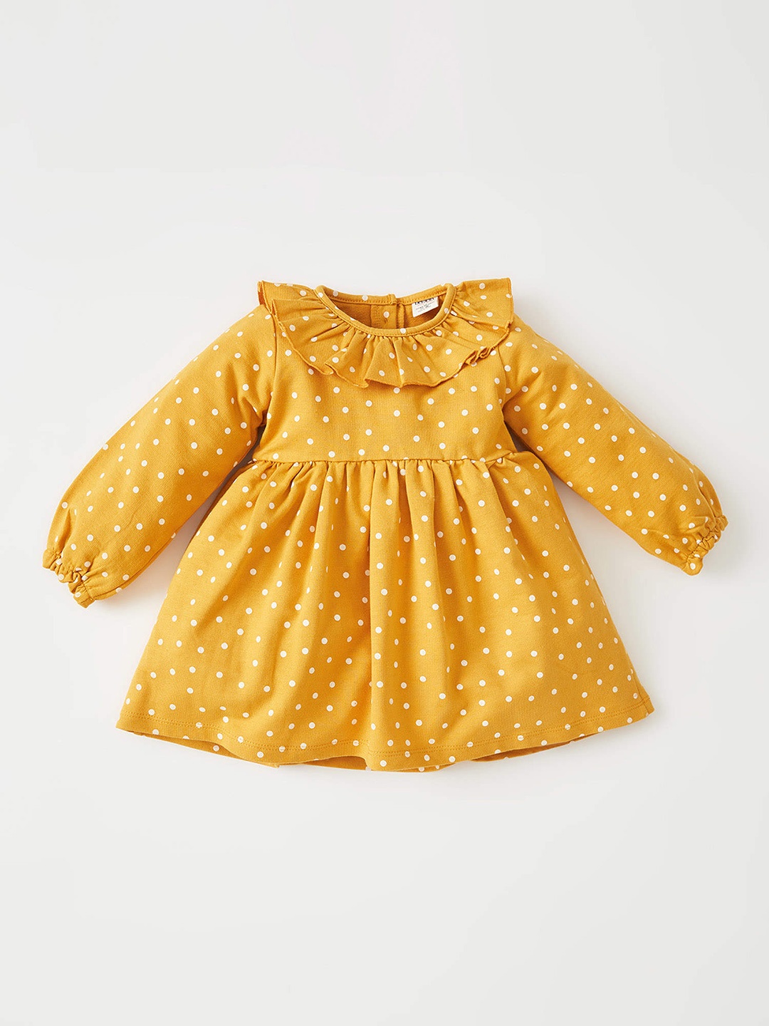 

DeFacto Girls Mustard Yellow & White Cotton Polka Dot Print Fit & Flare Dress