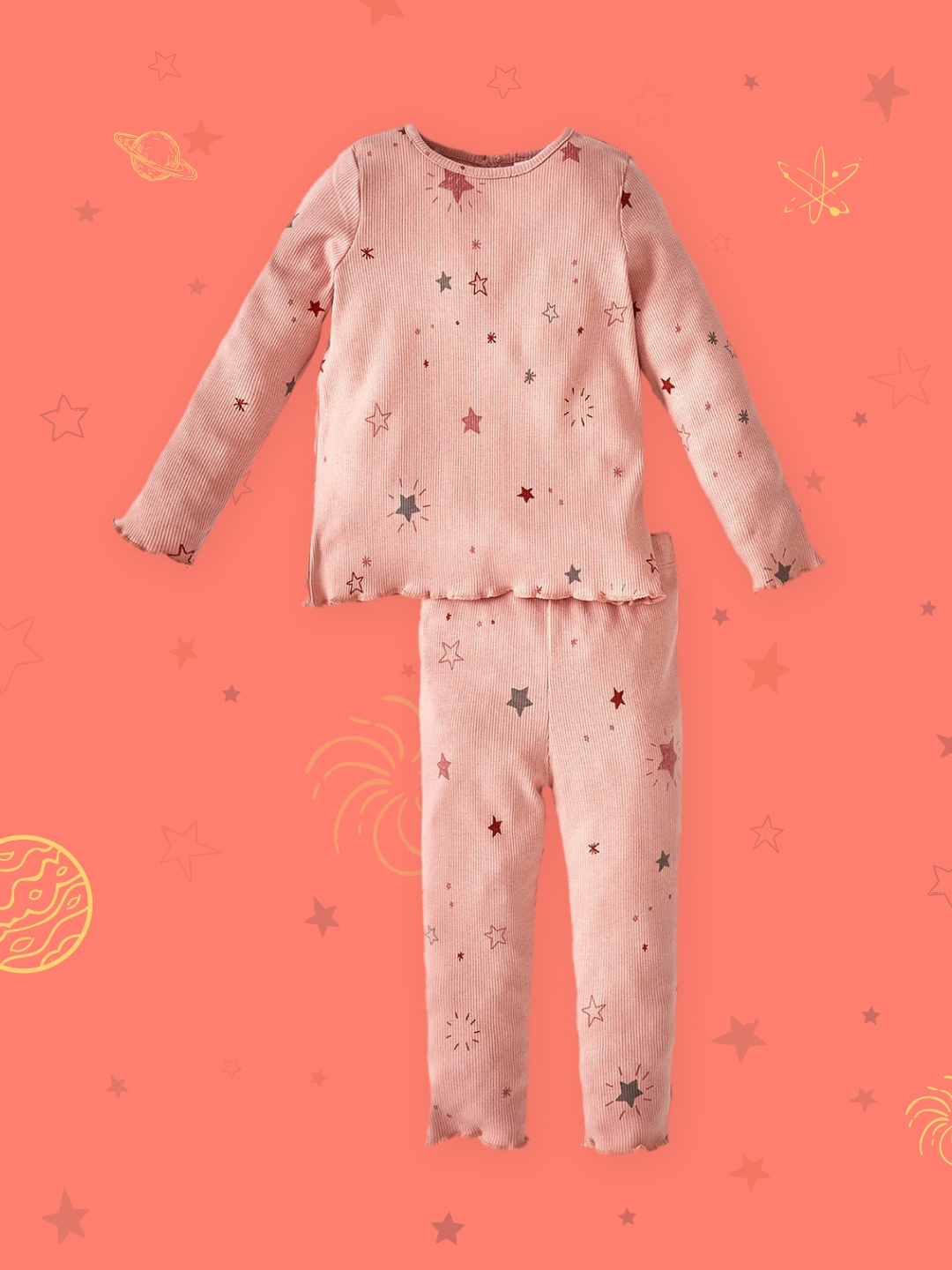 

DeFacto Girls Peach-Coloured & Maroon Star Printed Self Striped Pyjama Set