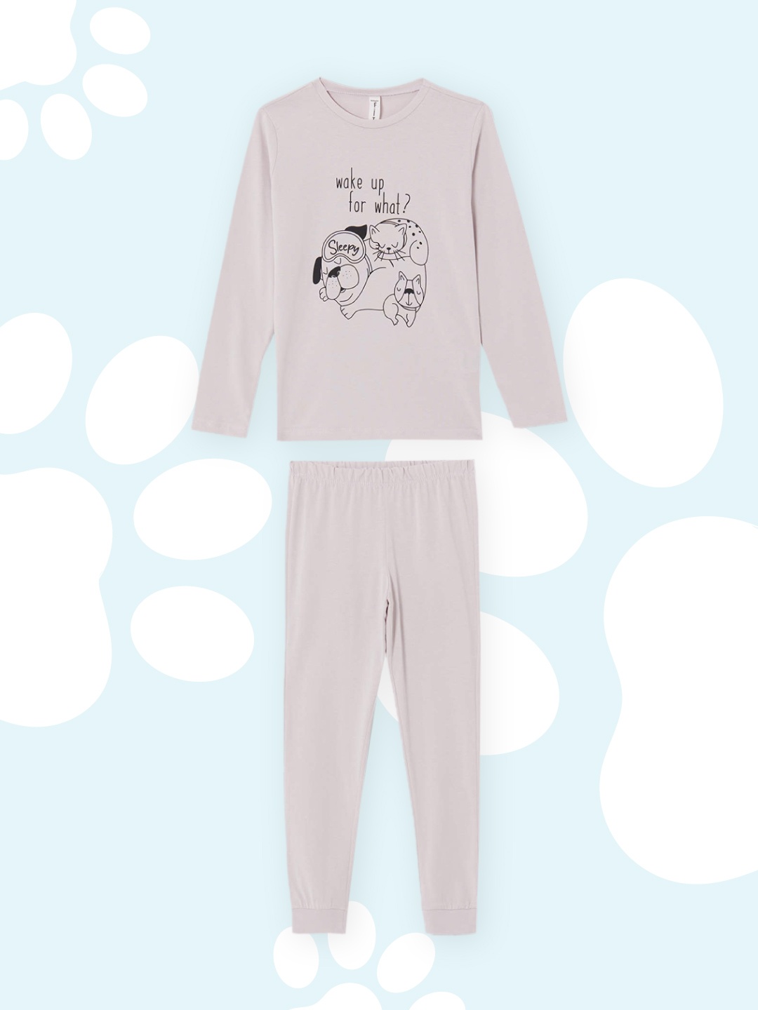 

DeFacto Girls Lavender & Black Graphic Printed Cotton Pyjama Set