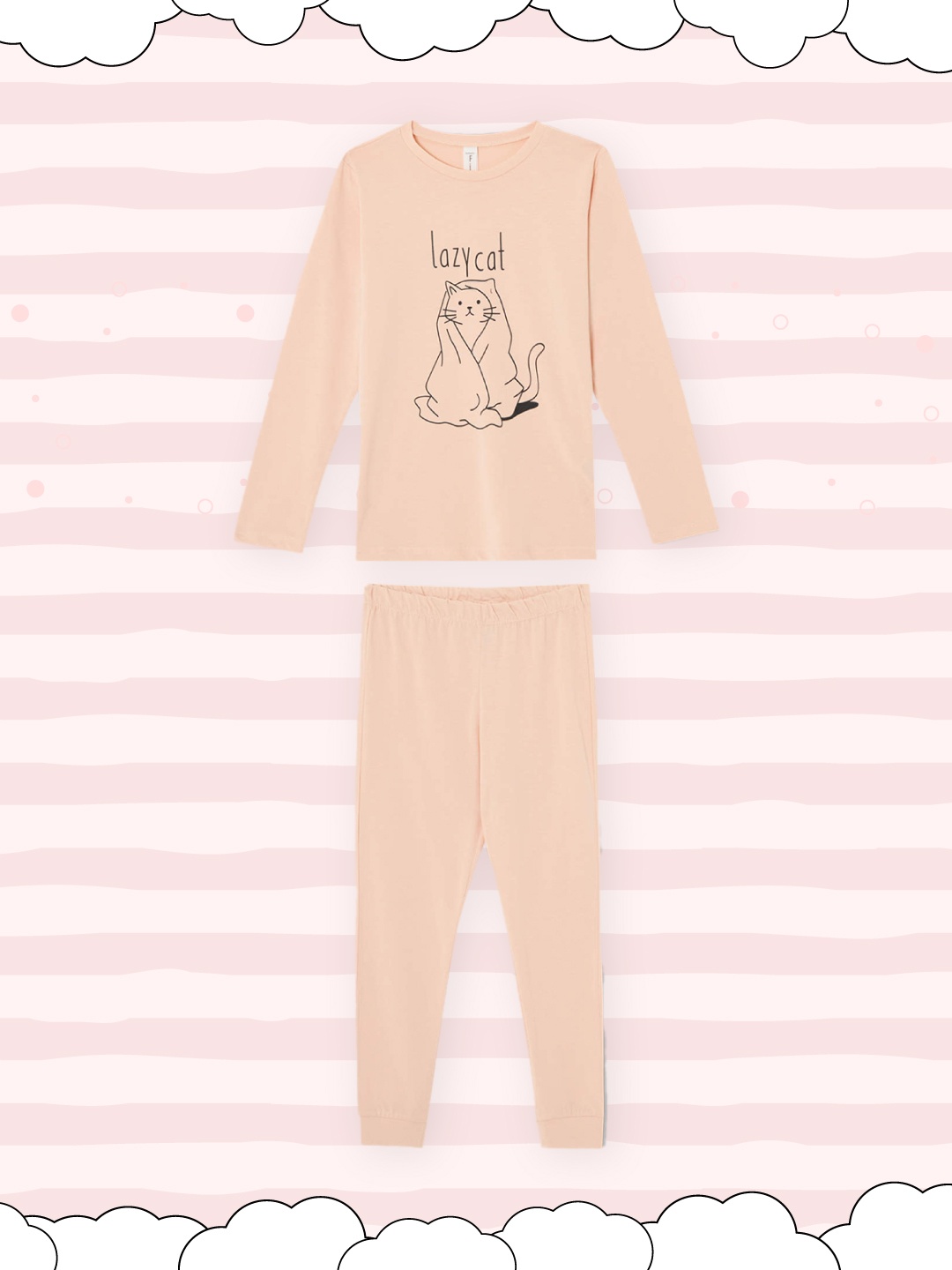 

DeFacto Girls Peach-Coloured & Black Graphic Printed Cotton Pyjama Set
