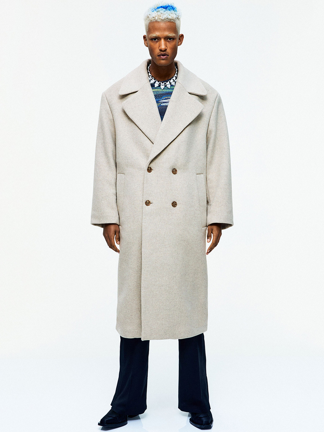 

H&M Men Beige Solid Oversized Recycled Wool Coat