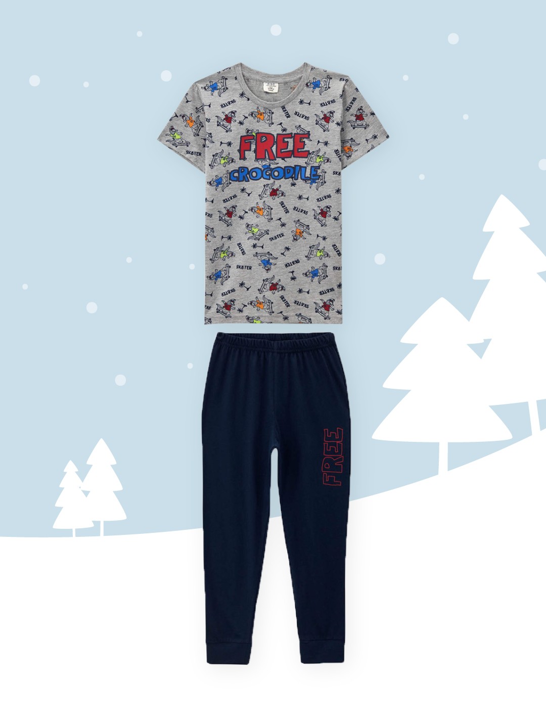 

DeFacto Boys Grey Melange & Navy Blue Conversational Printed Pyjama Set