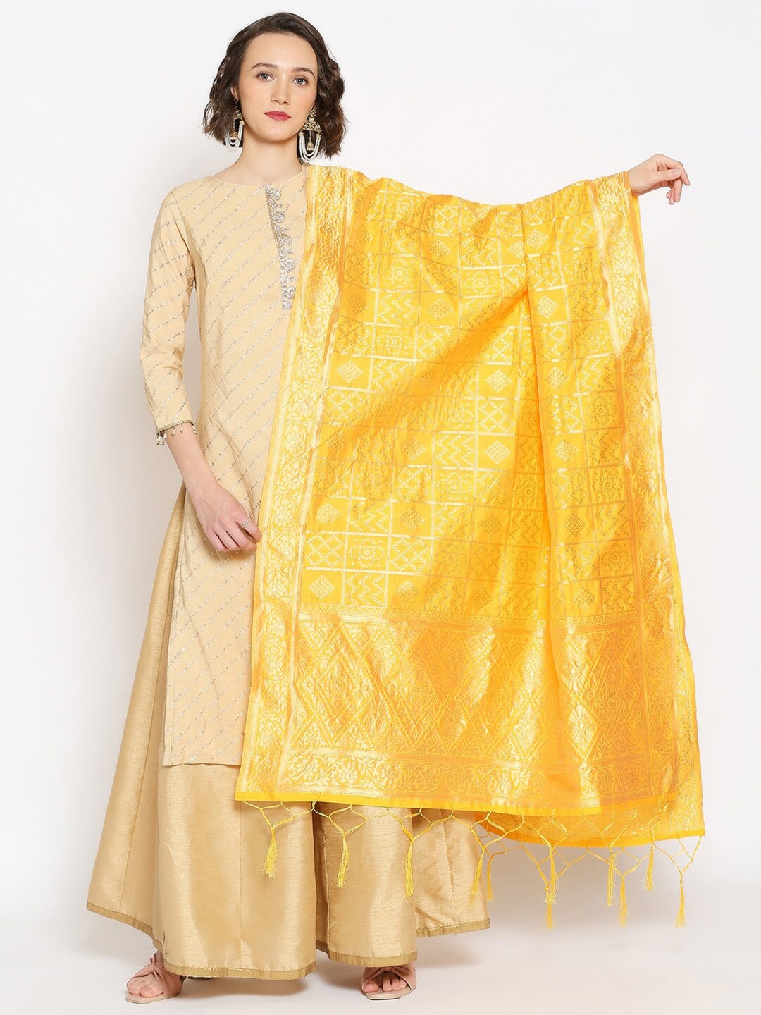 

Dupatta Bazaar Yellow & Gold-Toned Ethnic Motifs Woven Design Dupatta