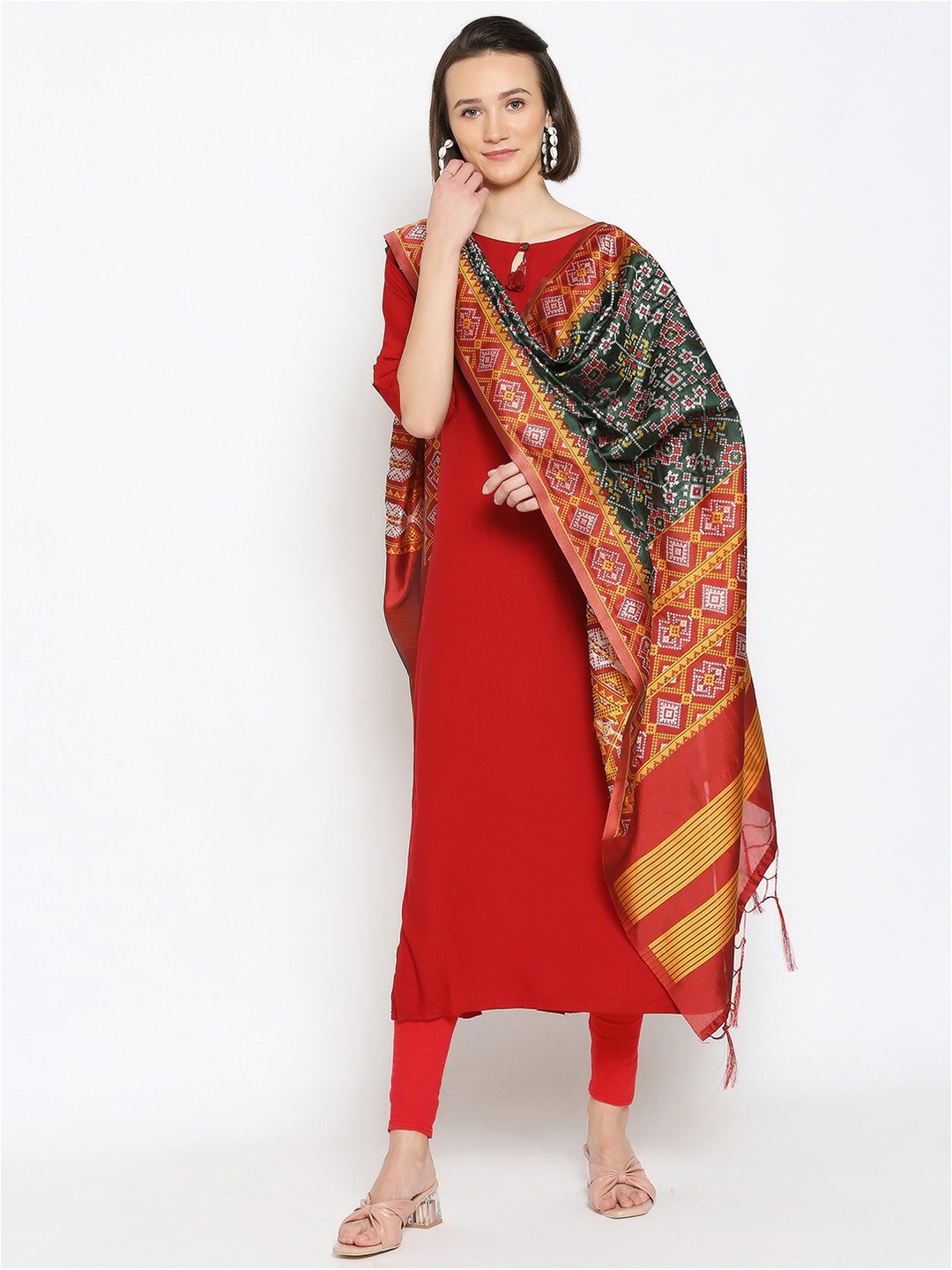 

Dupatta Bazaar Green & Red Ethnic Motifs Woven Design Dupatta