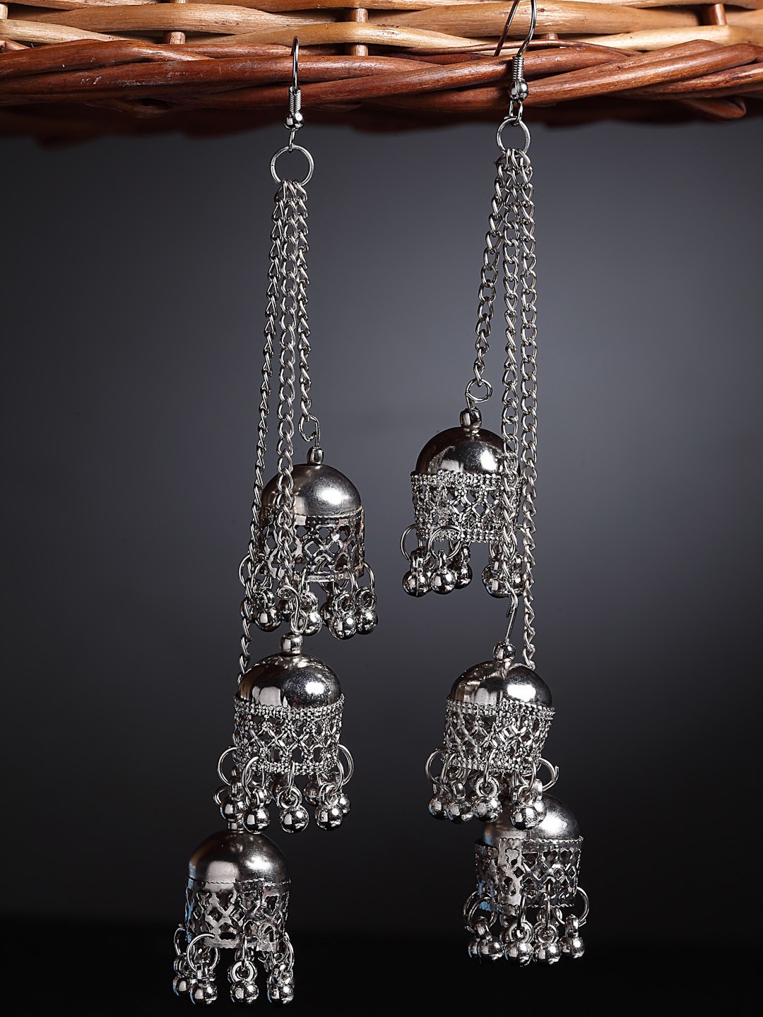 

Arrabi Gunmetal-Toned Teardrop Shaped Jhumkas Earrings, Metallic