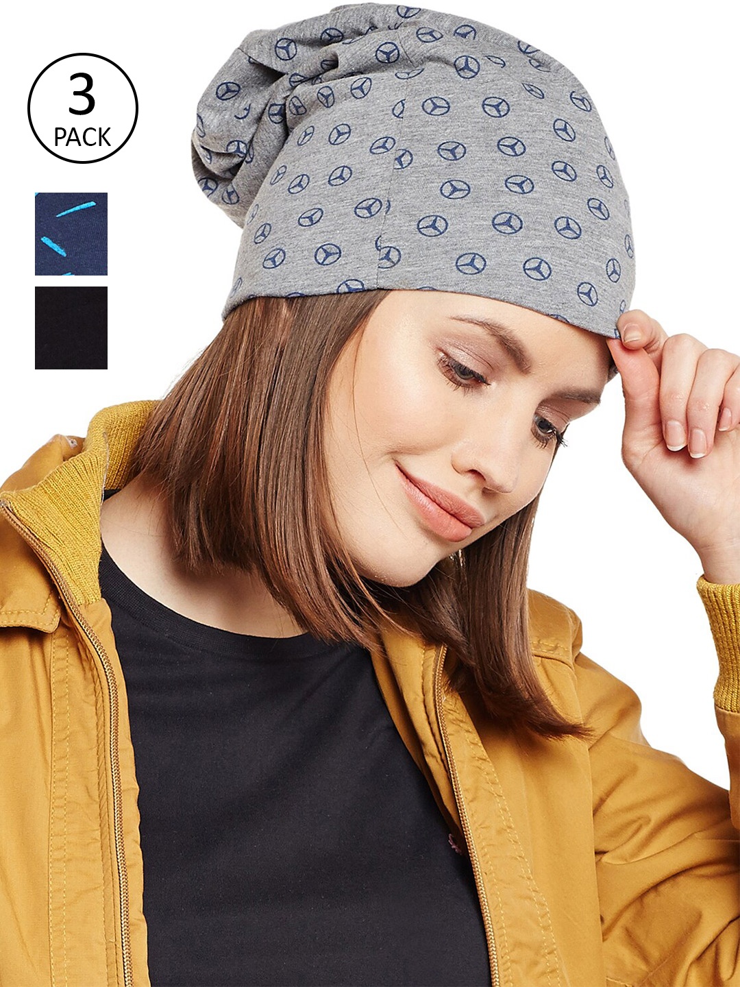 

VIMAL JONNEY Women Pack Of 3 Printed Beanies, Navy blue