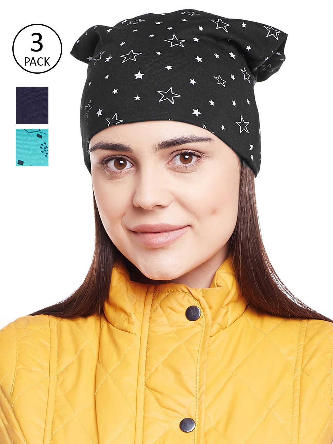 

VIMAL JONNEY Set Of 3 Women Navy Blue & Black Printed Beanie
