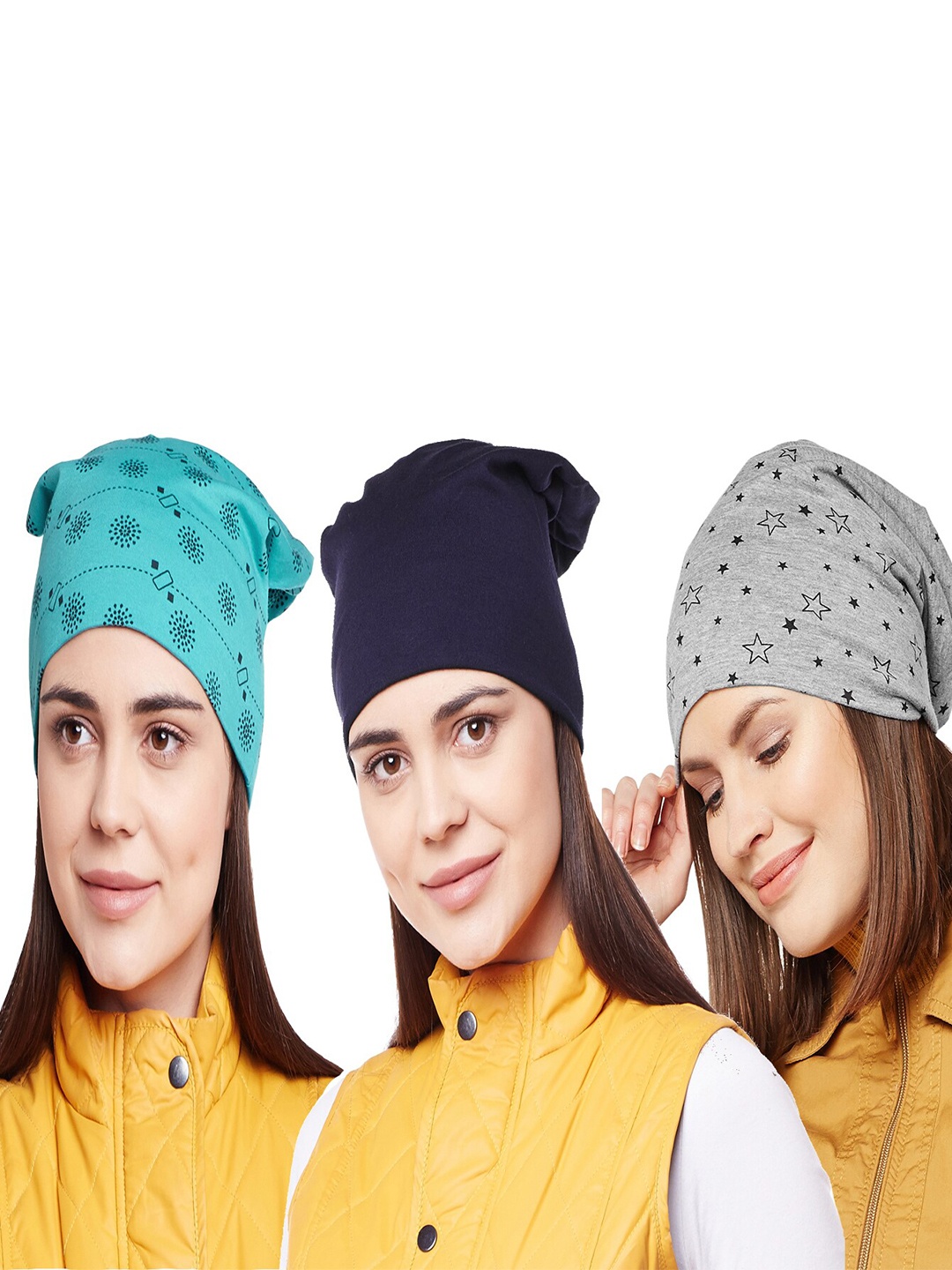 

VIMAL JONNEY Women Pack Of 3 Grey & Blue Printed Beanies