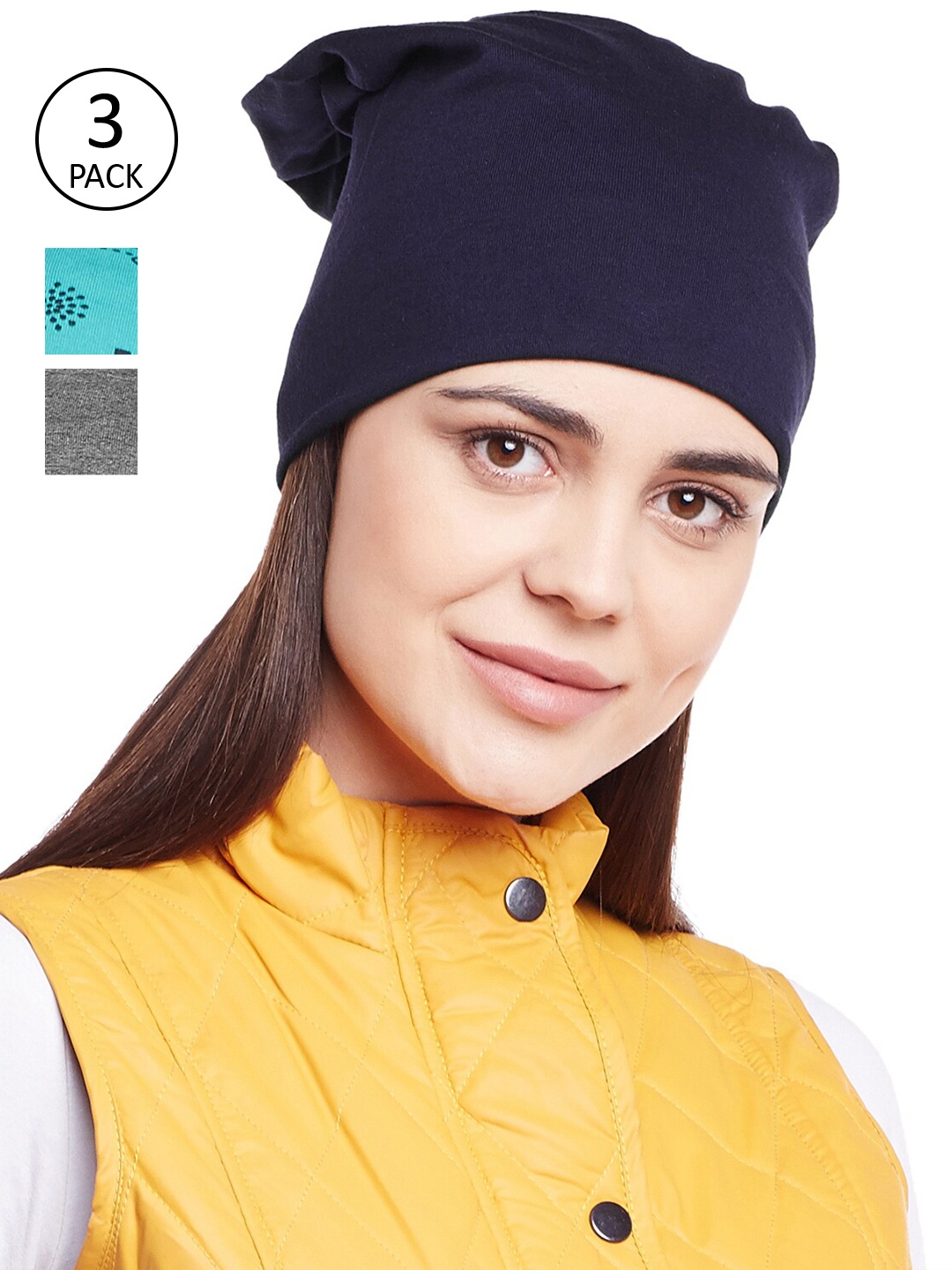

VIMAL JONNEY Women Pack of 3 Printed Beanie, Navy blue