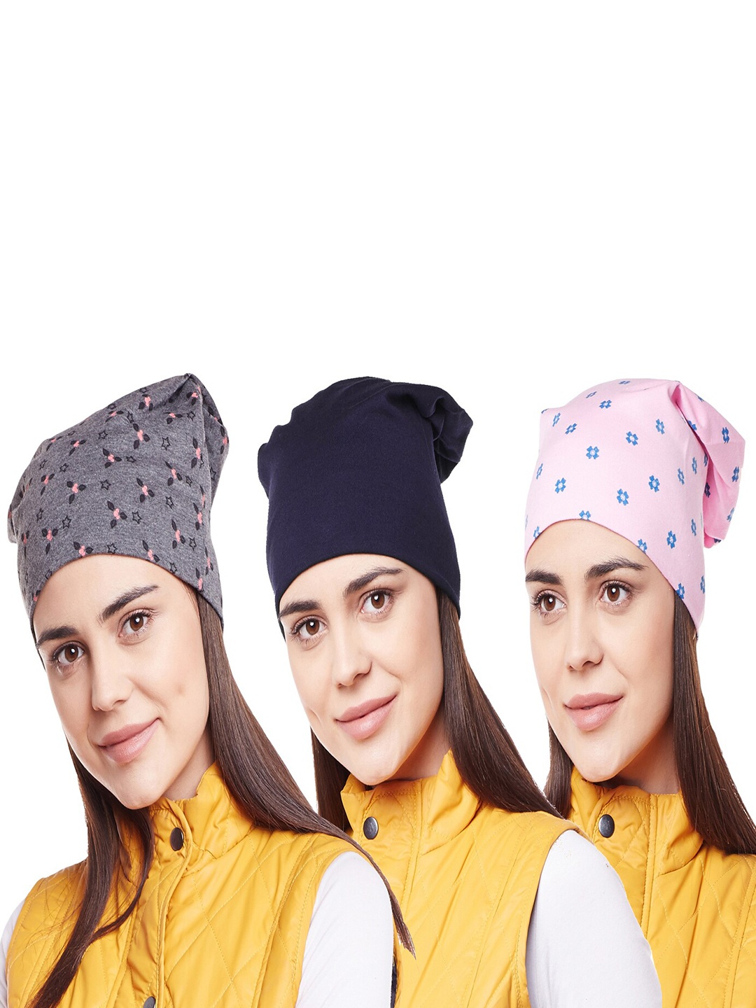 

VIMAL JONNEY Woman Pack of 3 Grey & Pink Printed Beanie