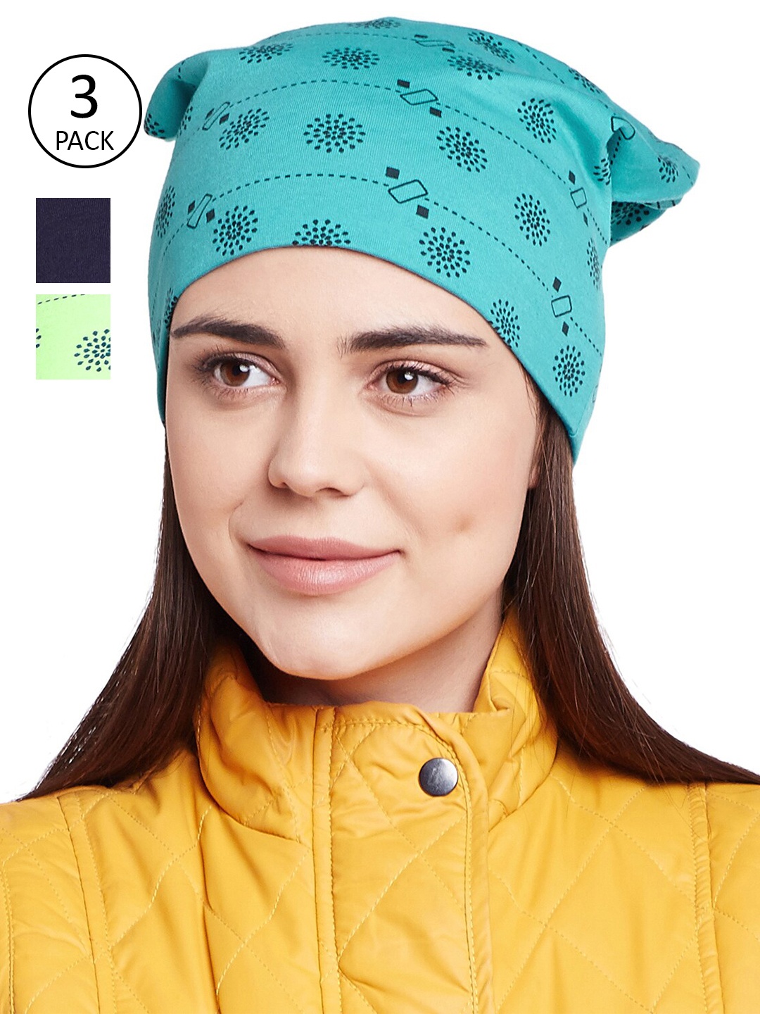 

VIMAL JONNEY Women Green & Teal Pack Of 3 Printed Beanies