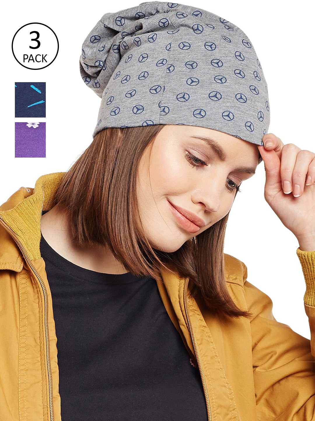 

VIMAL JONNEY Women Set Of 3 Printed Beanie, Purple